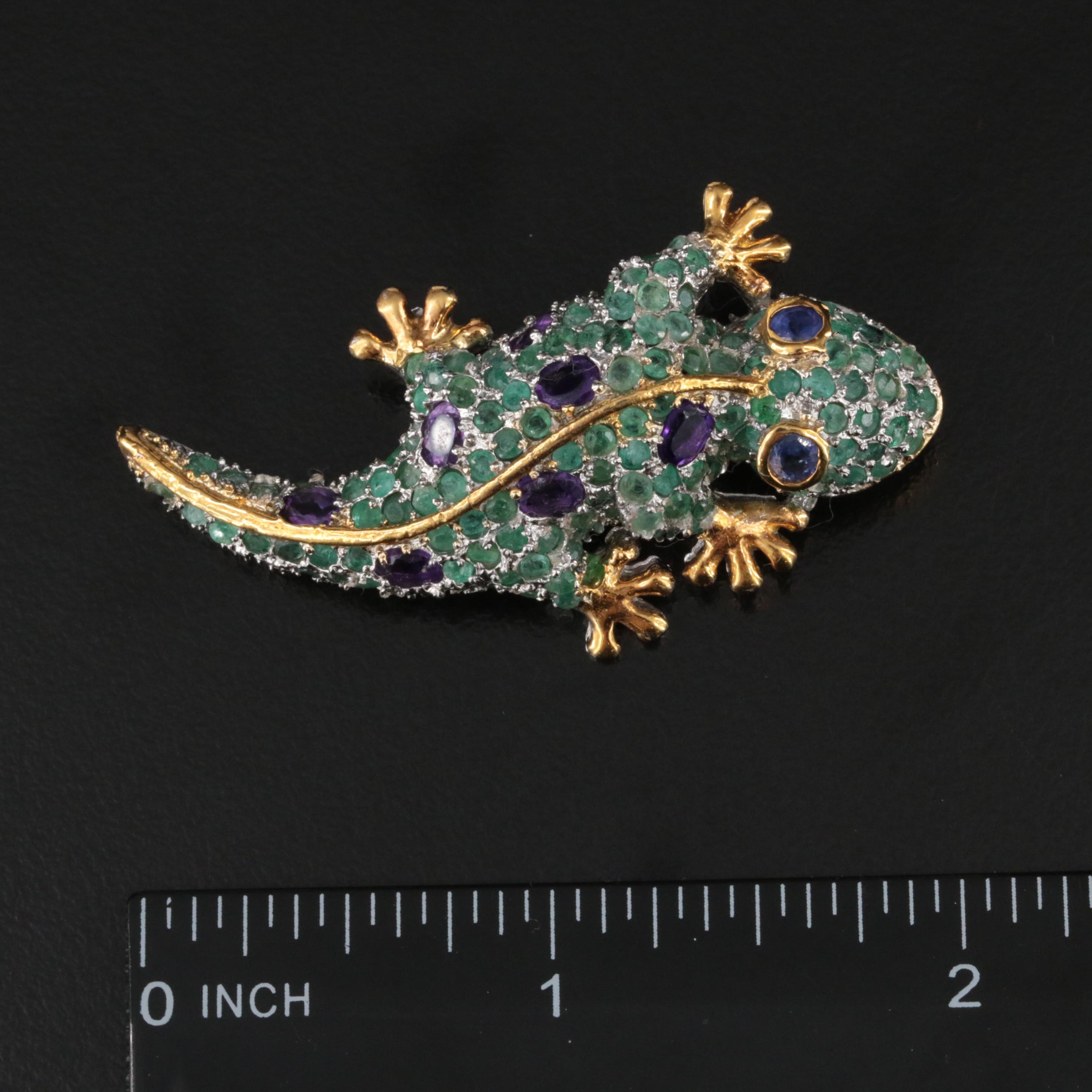 Sterling Emerald, Amethyst and Tanzanite Geco Brooch