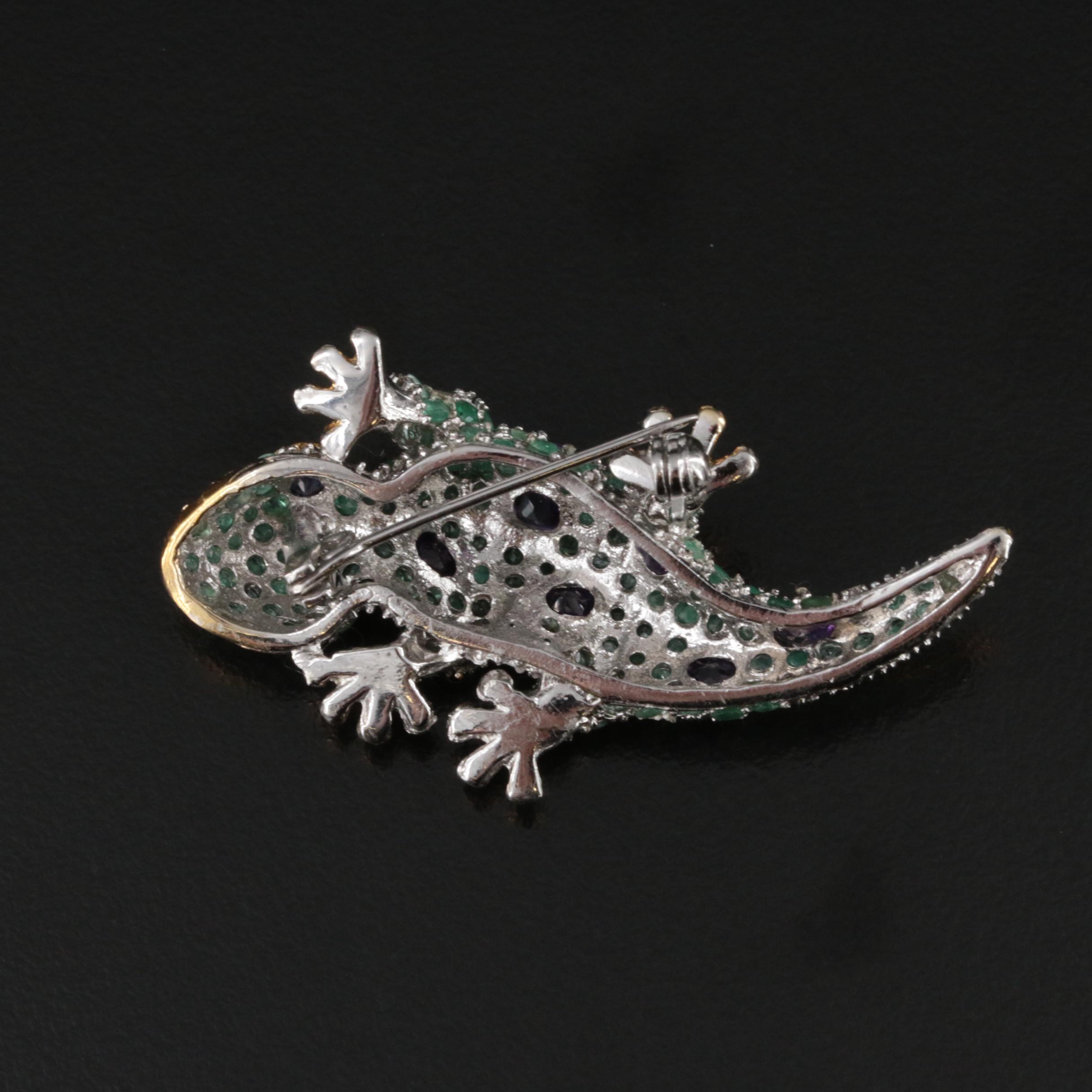 Sterling Emerald, Amethyst and Tanzanite Geco Brooch