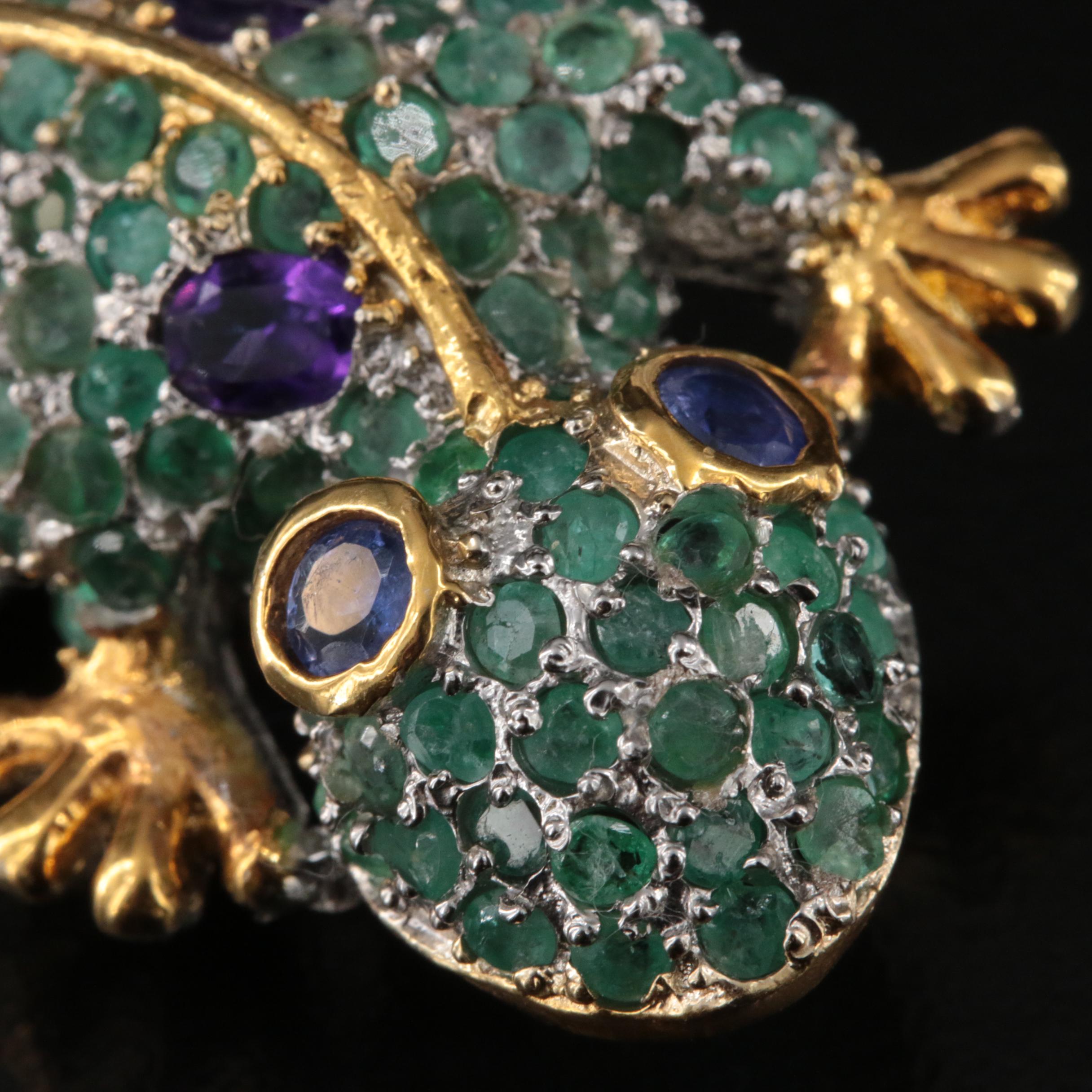 Sterling Emerald, Amethyst and Tanzanite Geco Brooch