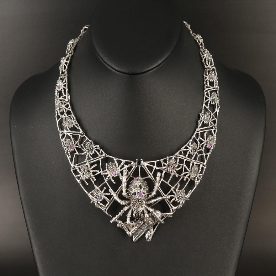 Sterling Sapphire, Ruby and Emerlad Spider and Web with Prey Bib Necklace