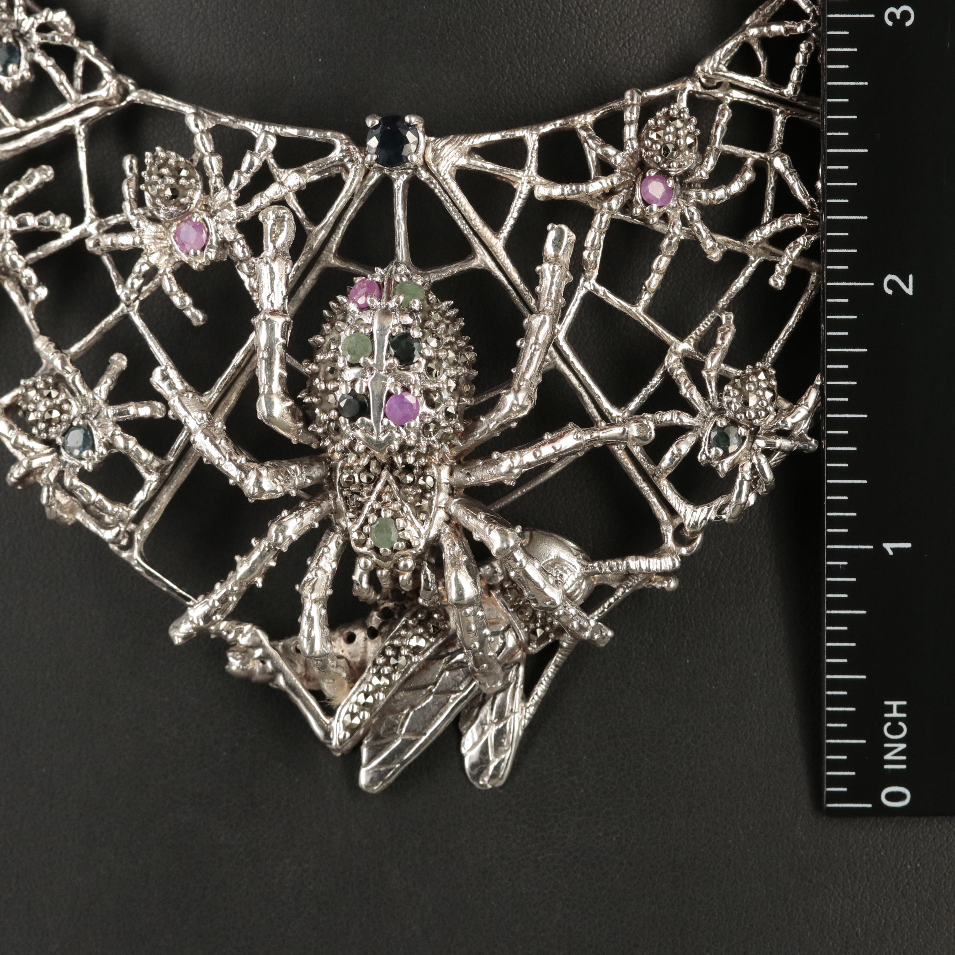 Sterling Sapphire, Ruby and Emerlad Spider and Web with Prey Bib Necklace