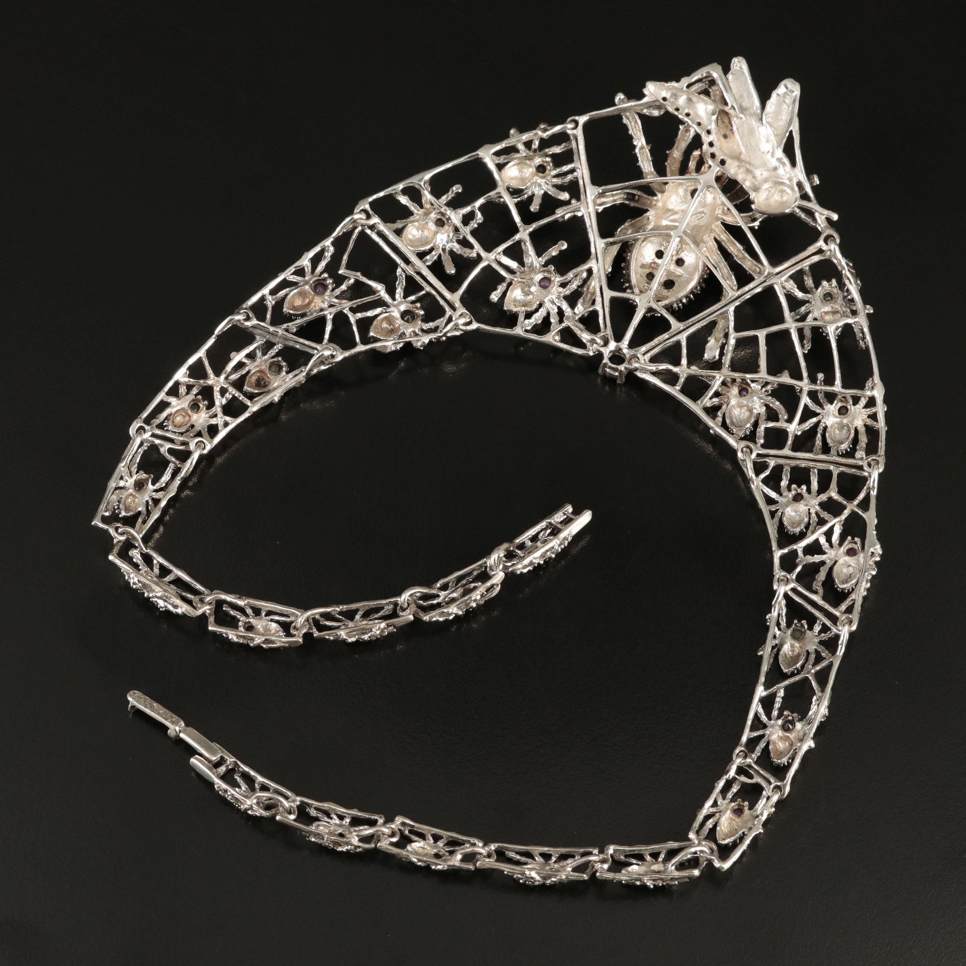 Sterling Sapphire, Ruby and Emerlad Spider and Web with Prey Bib Necklace