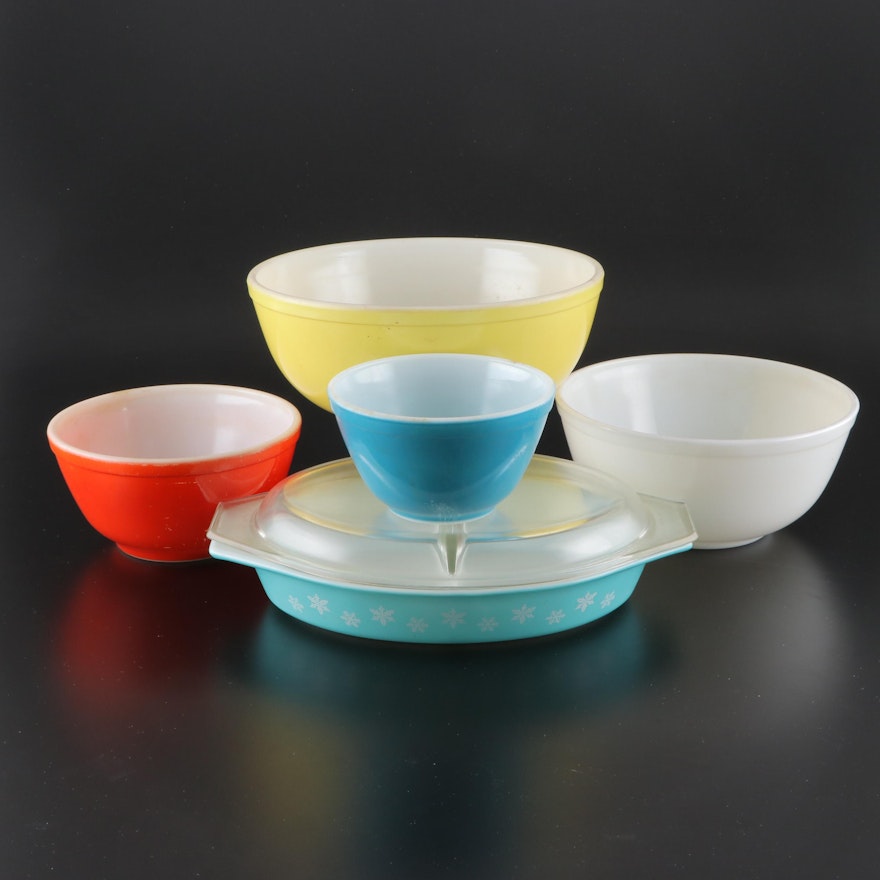 Pyrex "Primary Colors" Mixing Bowls and "Snowflake" Divided Casserole