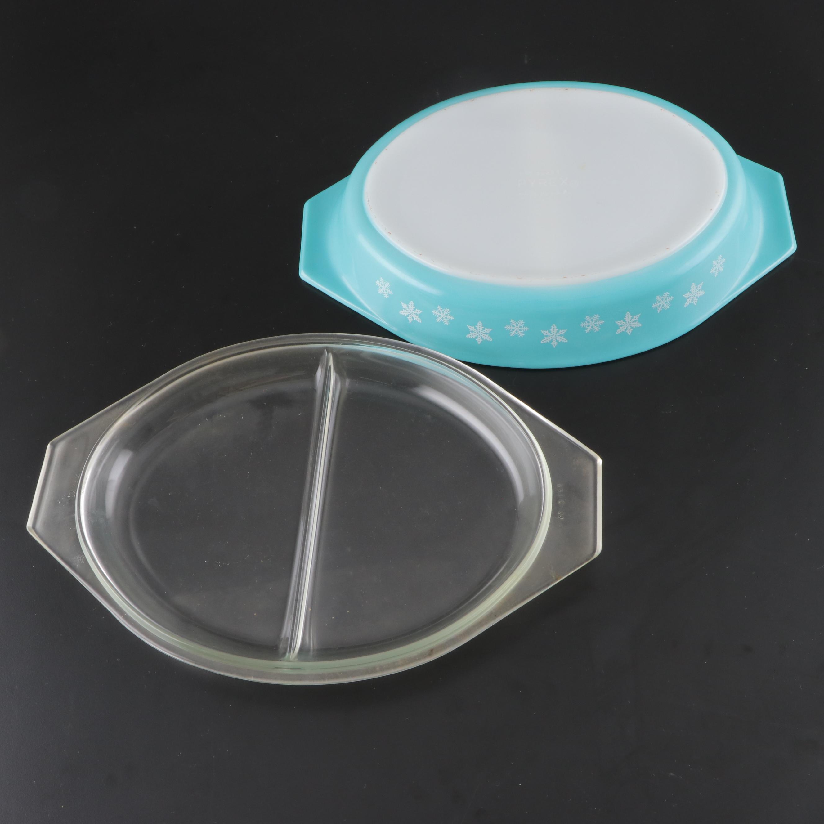 Pyrex "Primary Colors" Mixing Bowls and "Snowflake" Divided Casserole