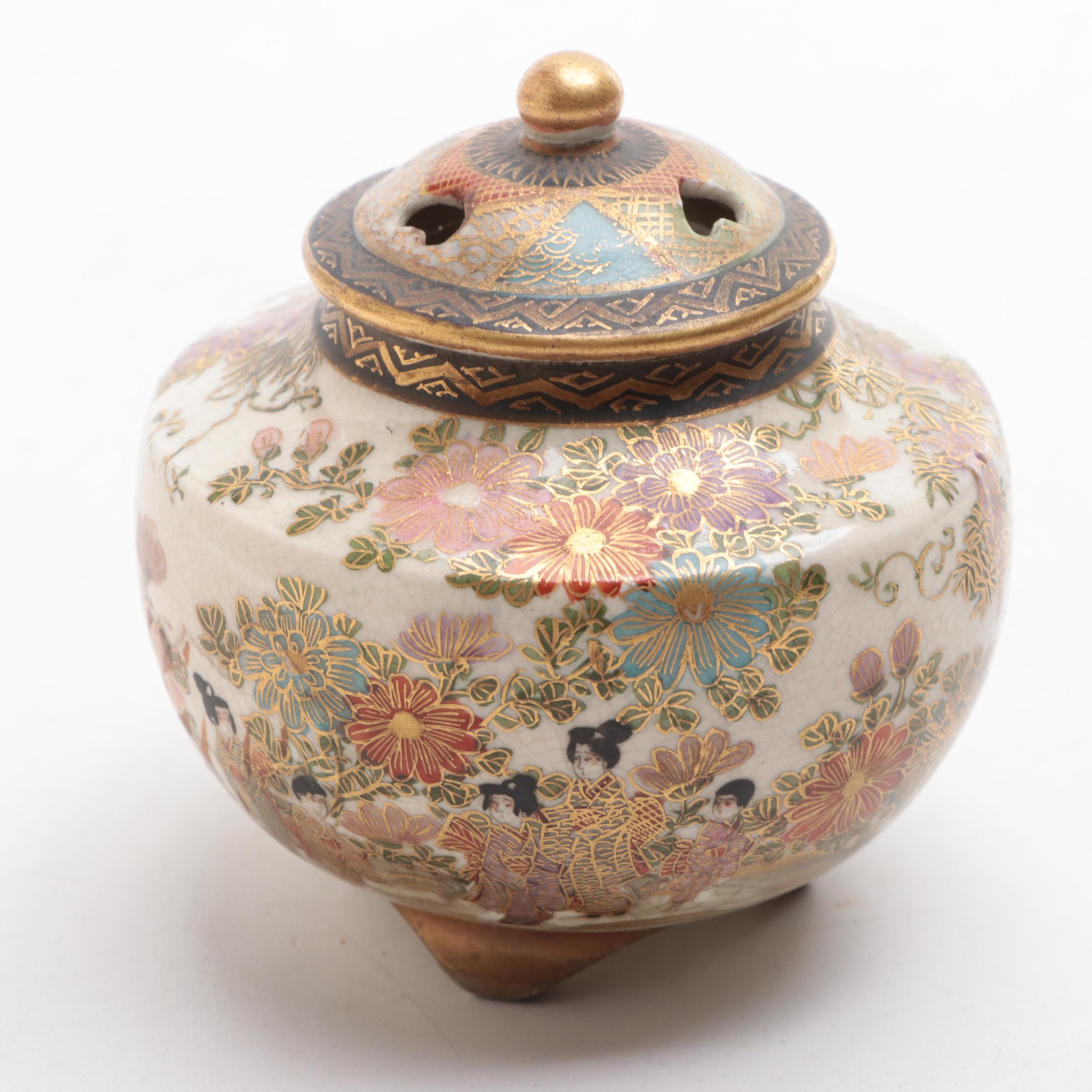 Japanese Satsuma Earthenware Koro and Covered Box, Early to Mid-20th Century