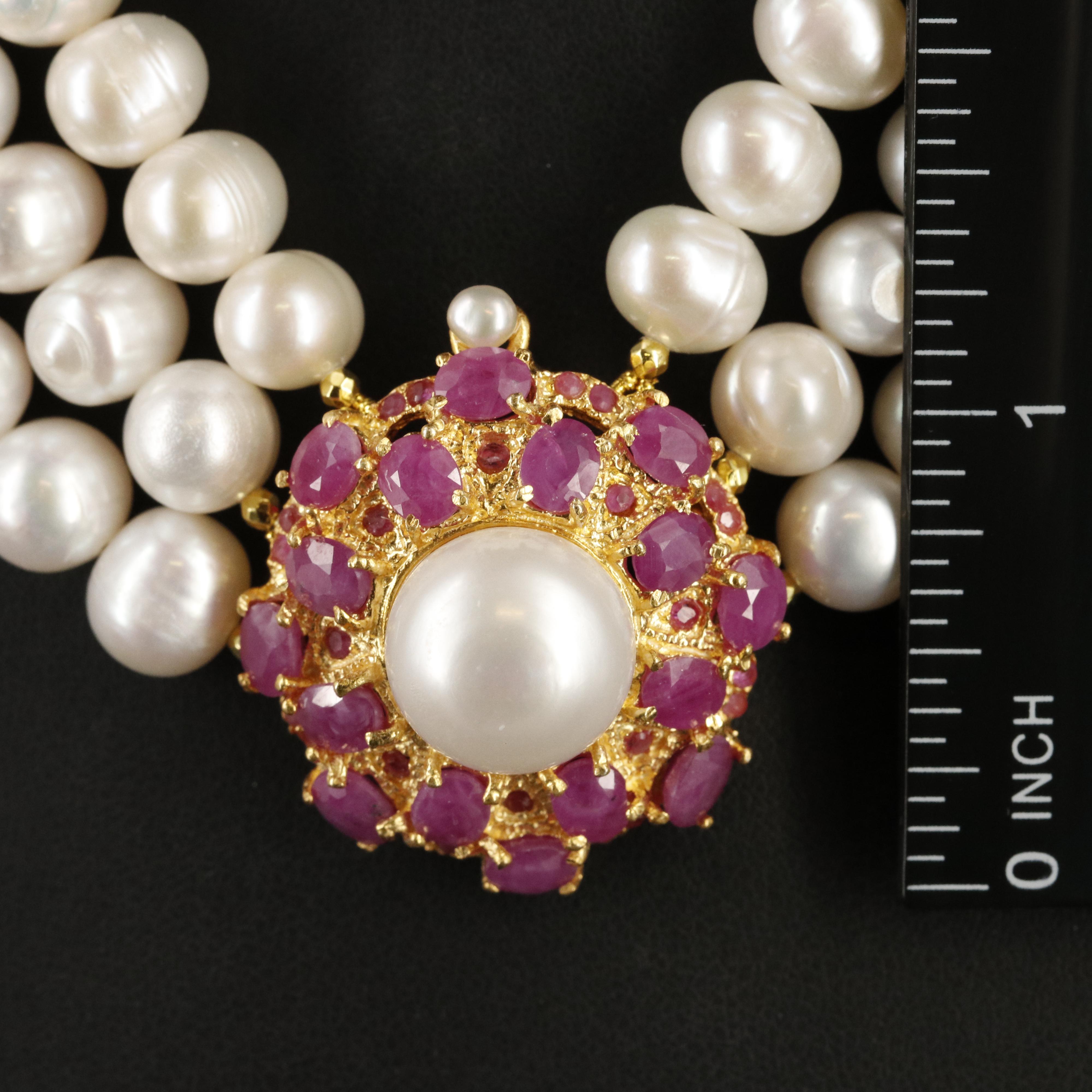 Sterling Pearl and Ruby Triple-Strand Necklace