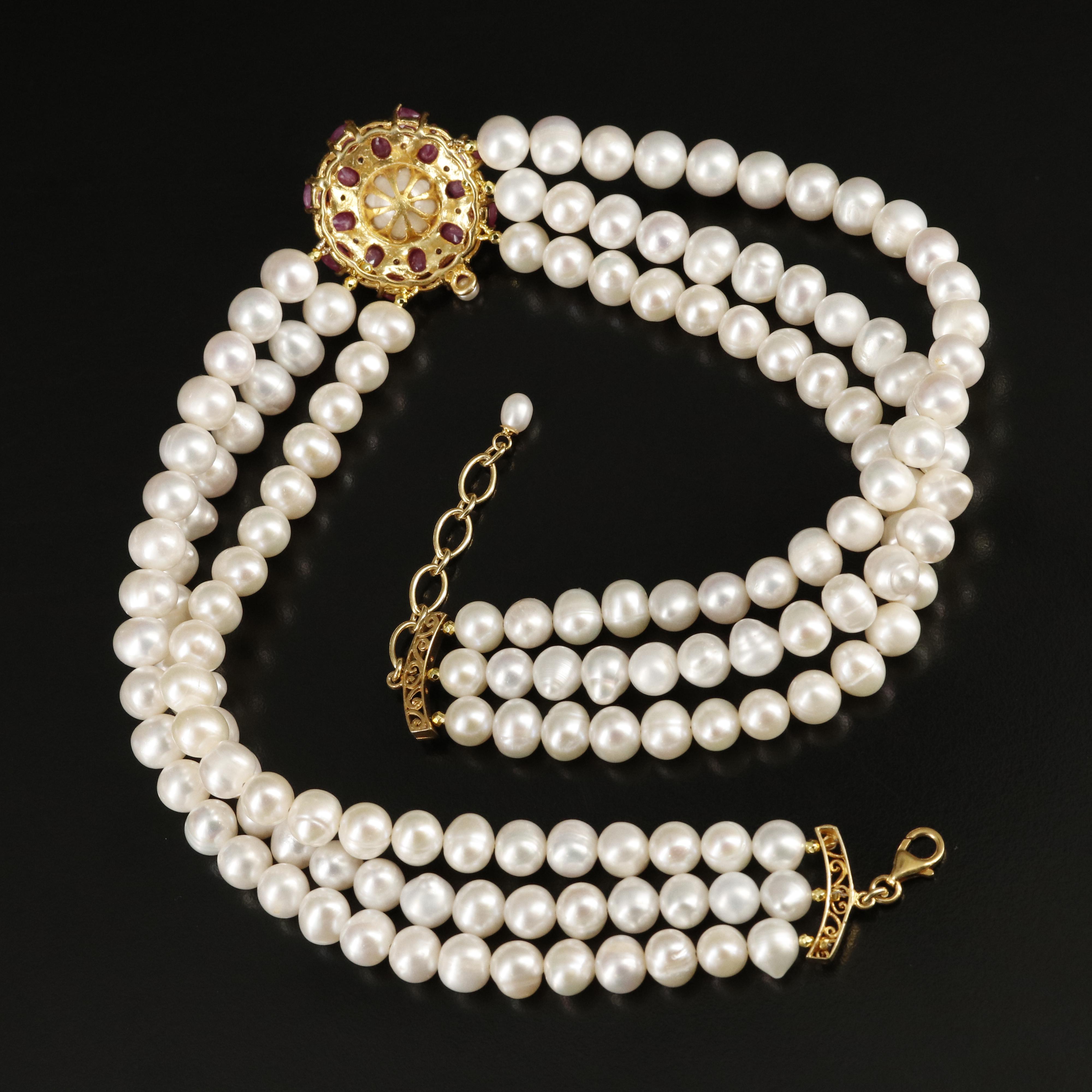 Sterling Pearl and Ruby Triple-Strand Necklace