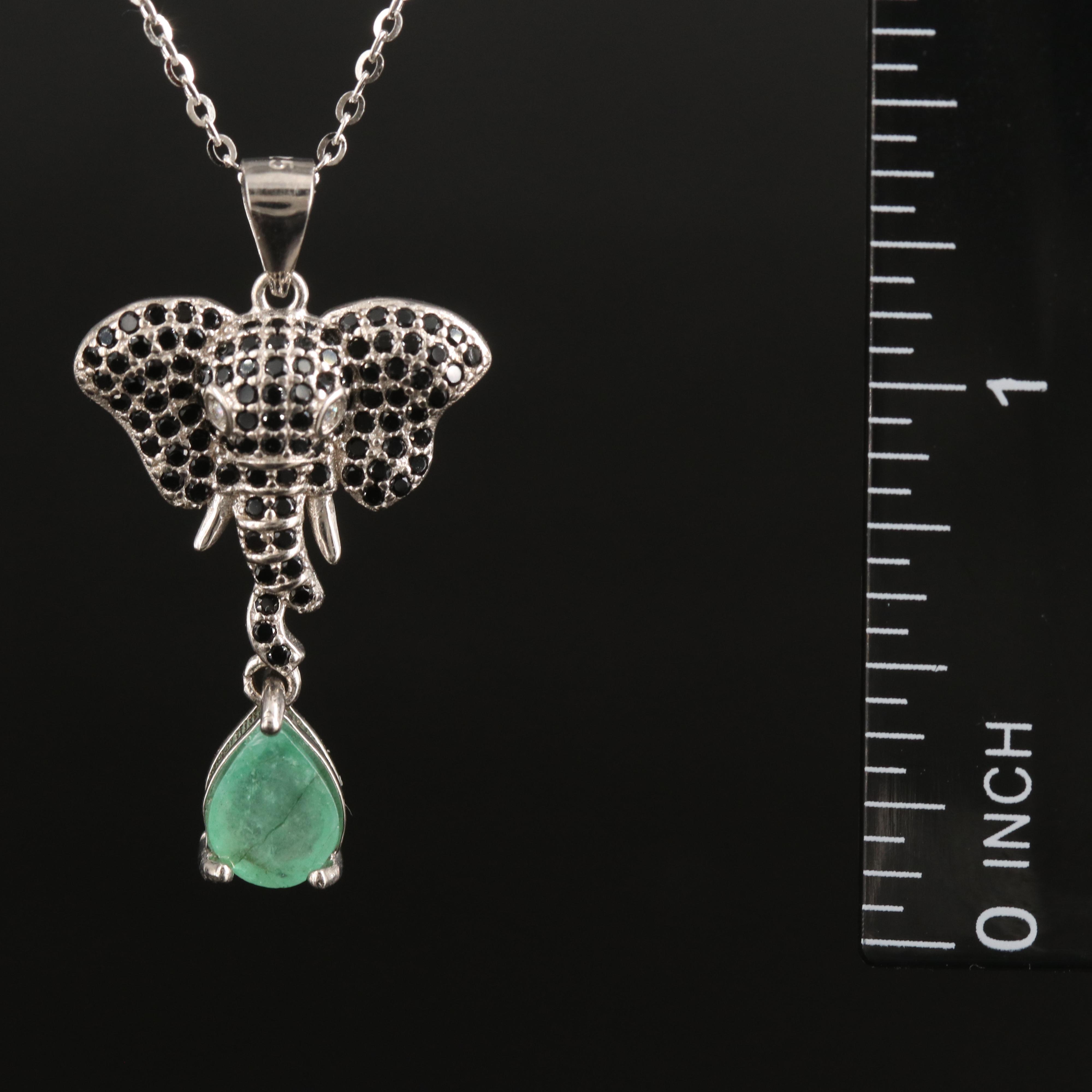 Sterling Emerald and Cubic Zirconia Elephant Pendant Necklace