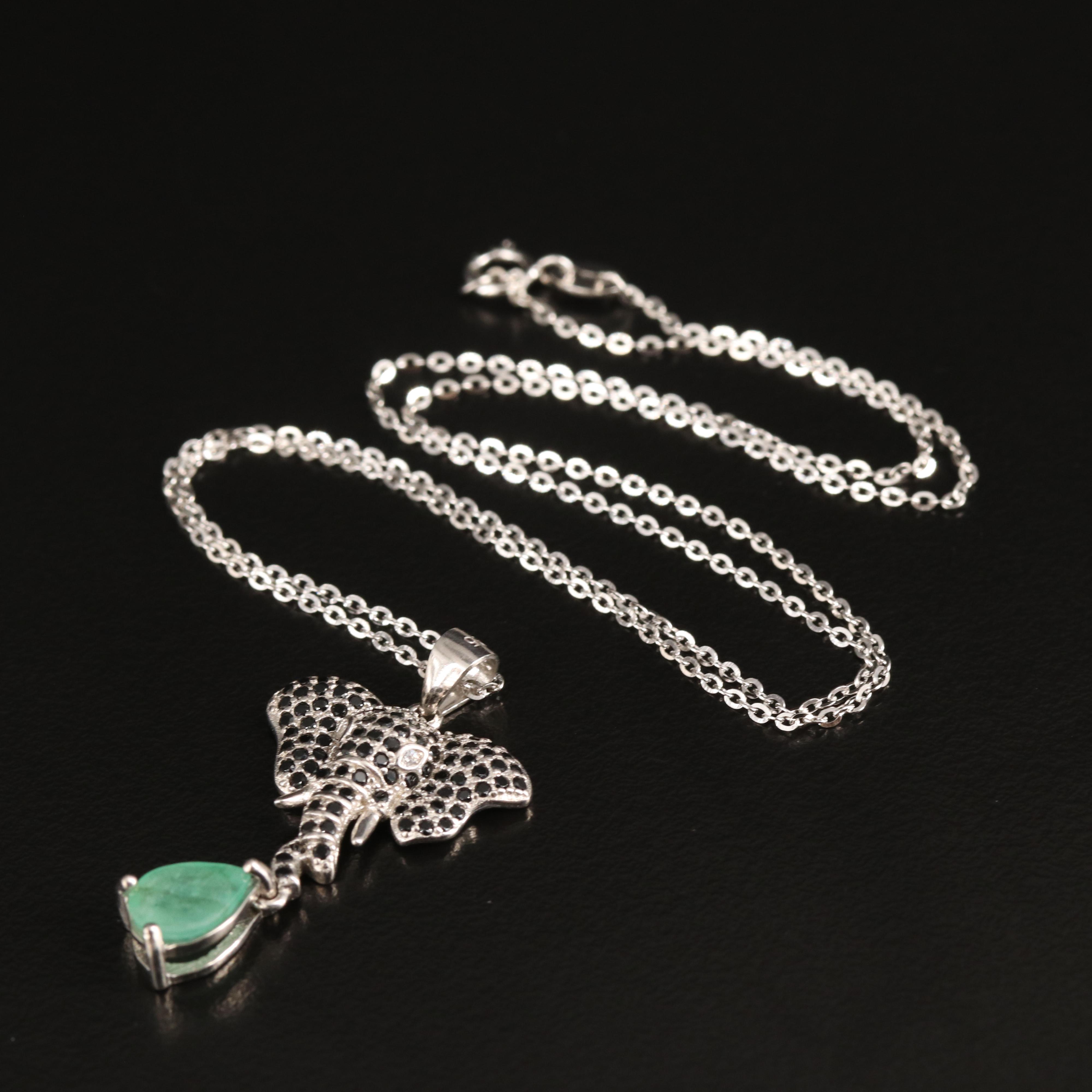 Sterling Emerald and Cubic Zirconia Elephant Pendant Necklace