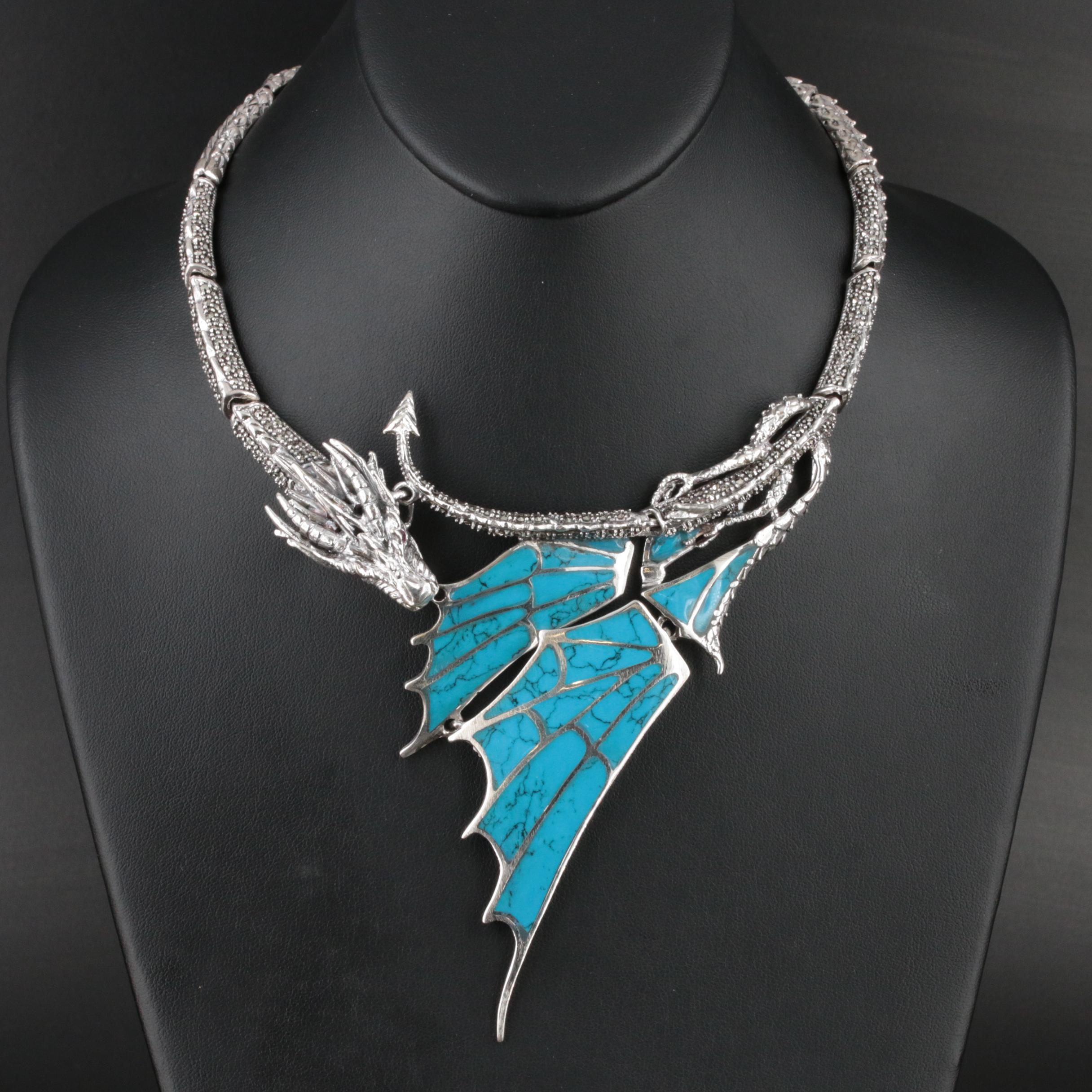 Sterling Faux Turquoise, Ruby and Marcasite Dragon Necklace