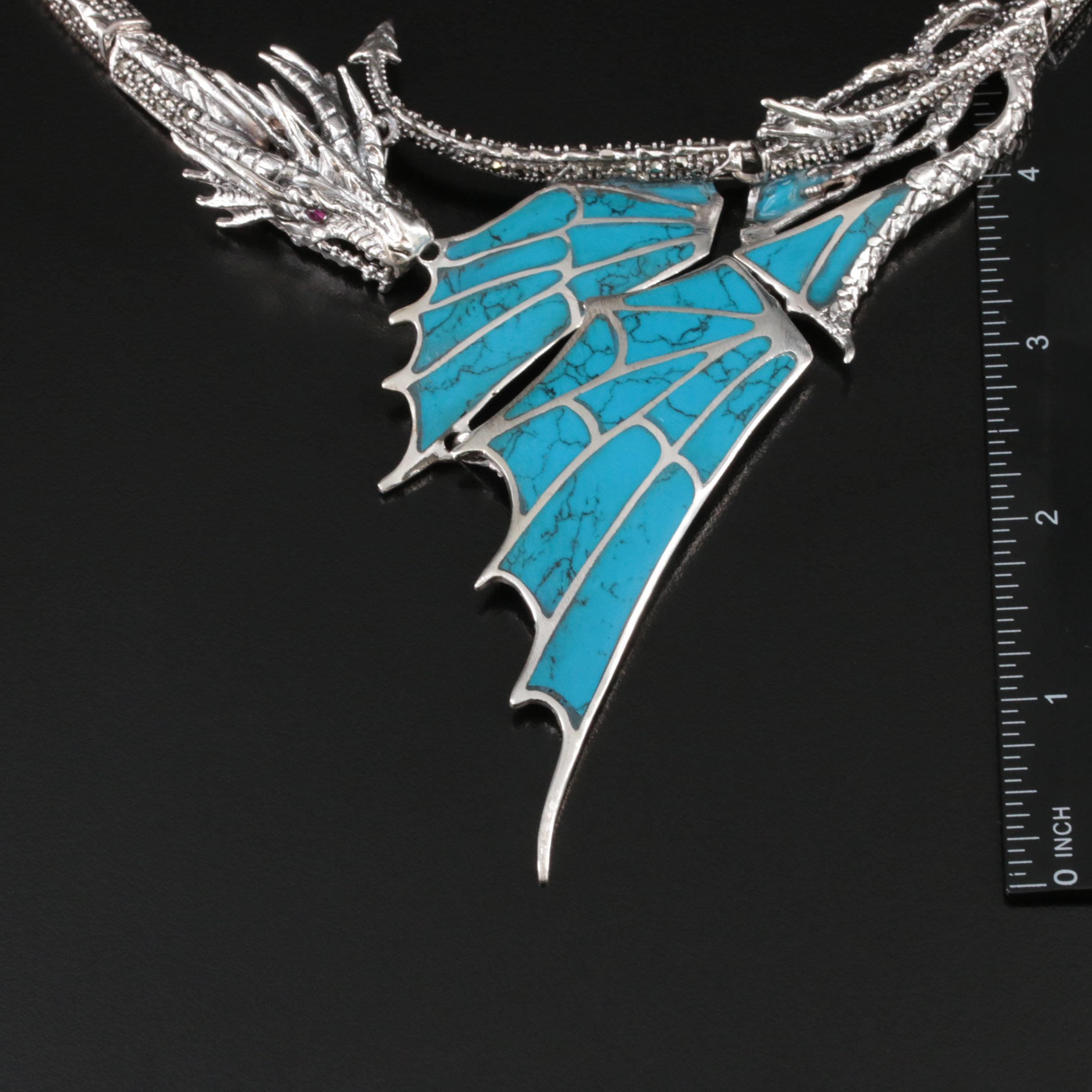 Sterling Faux Turquoise, Ruby and Marcasite Dragon Necklace