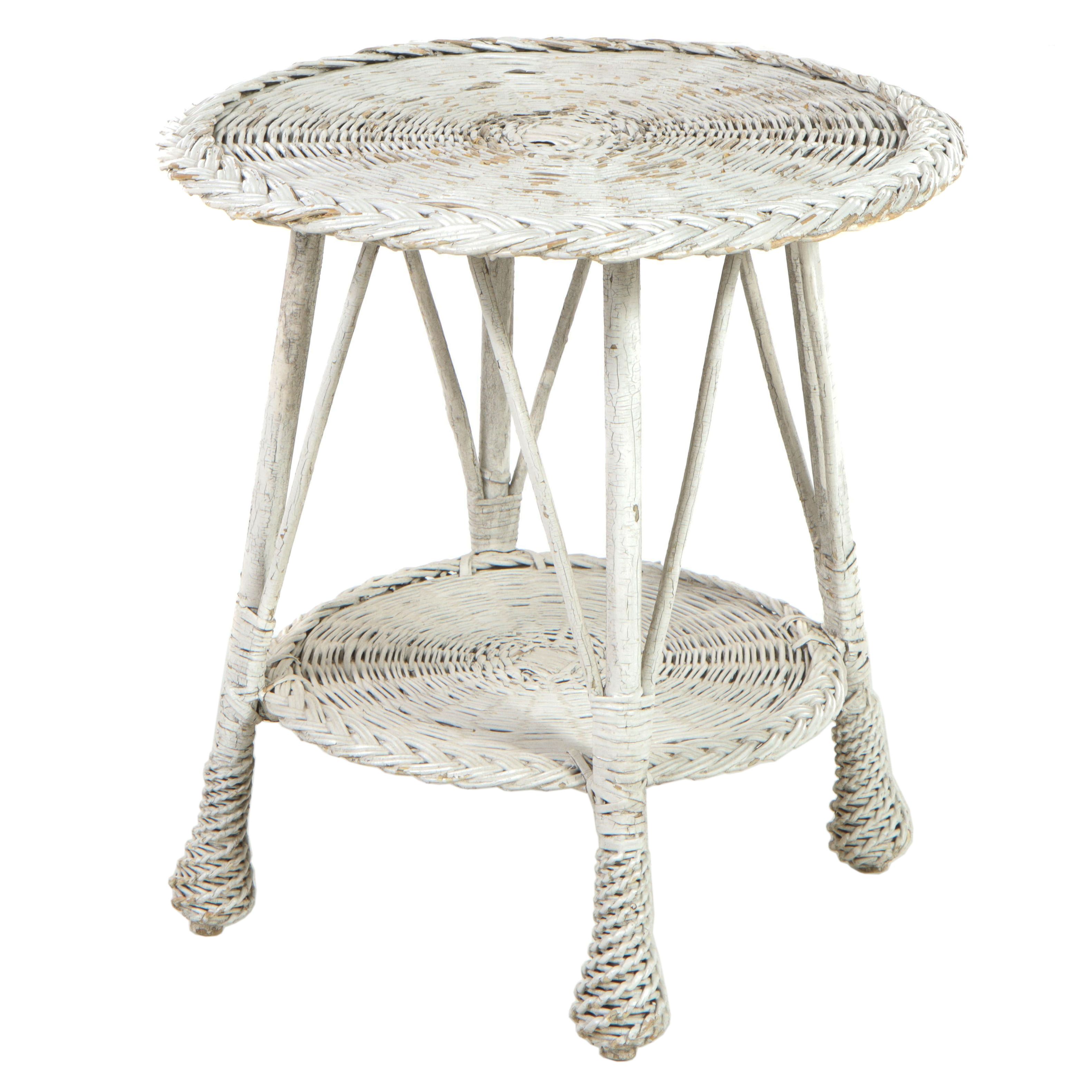 White Painted Wicker Rattan Side Table, Mid-20th Century