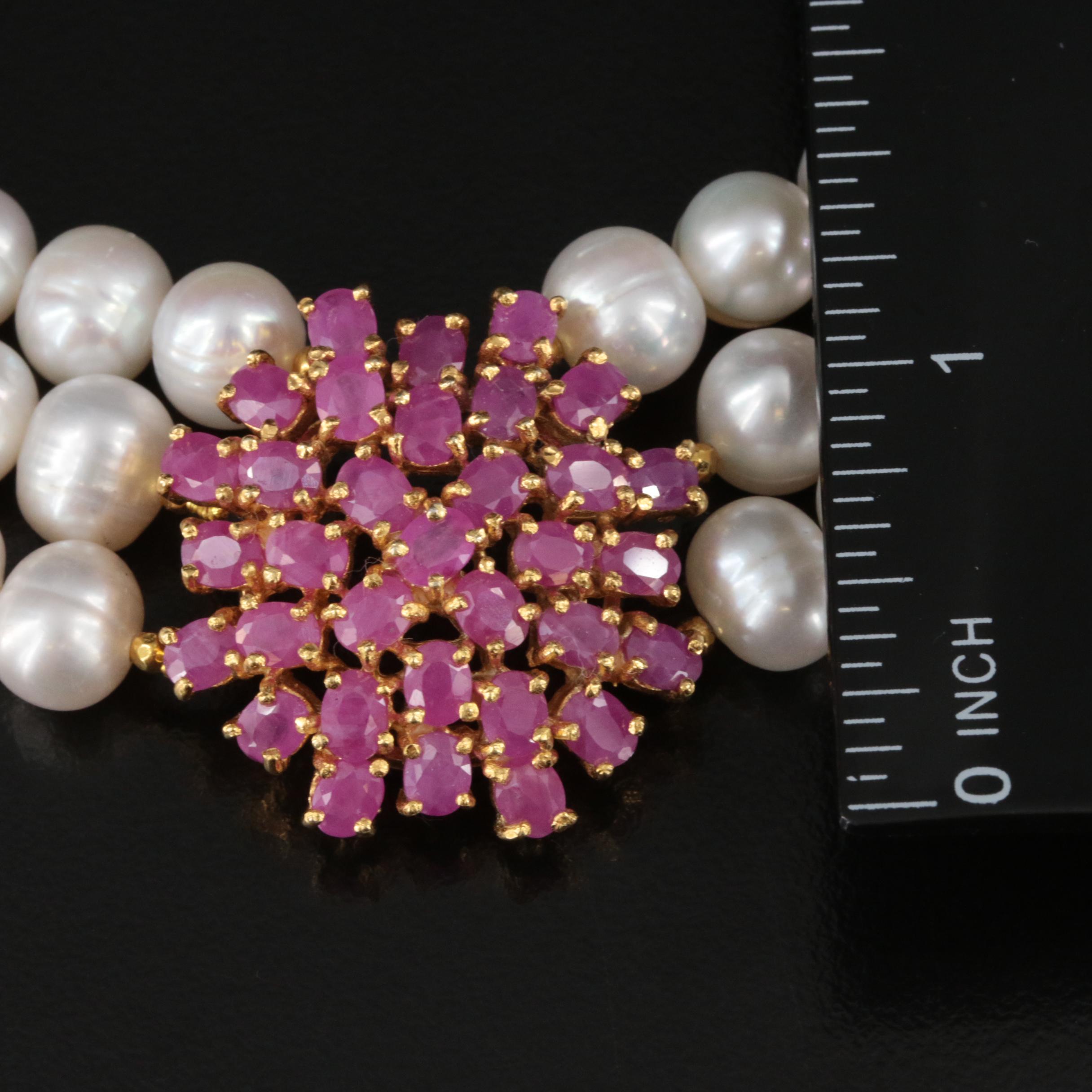 Sterling Pearl and Ruby Triple Strand Necklace