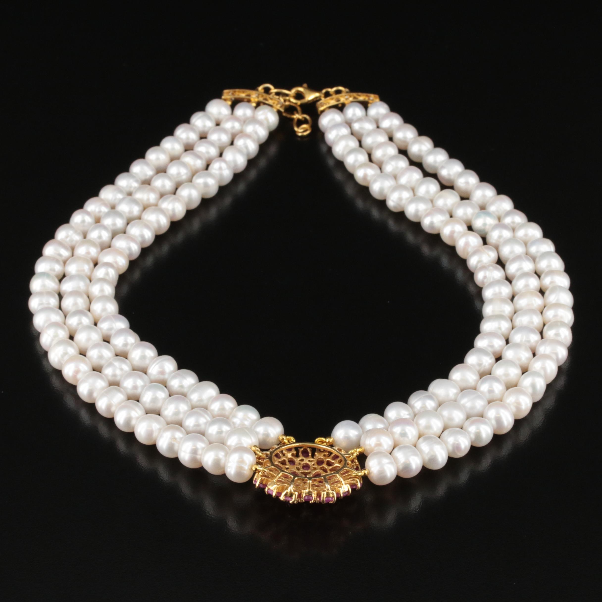 Sterling Pearl and Ruby Triple Strand Necklace