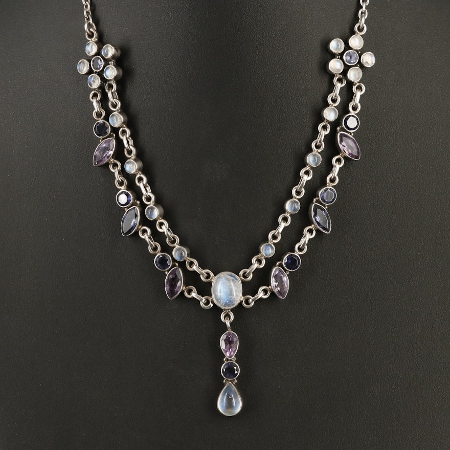 Sterling Rainbow Moonstone, Amethyst and Iolite Necklace