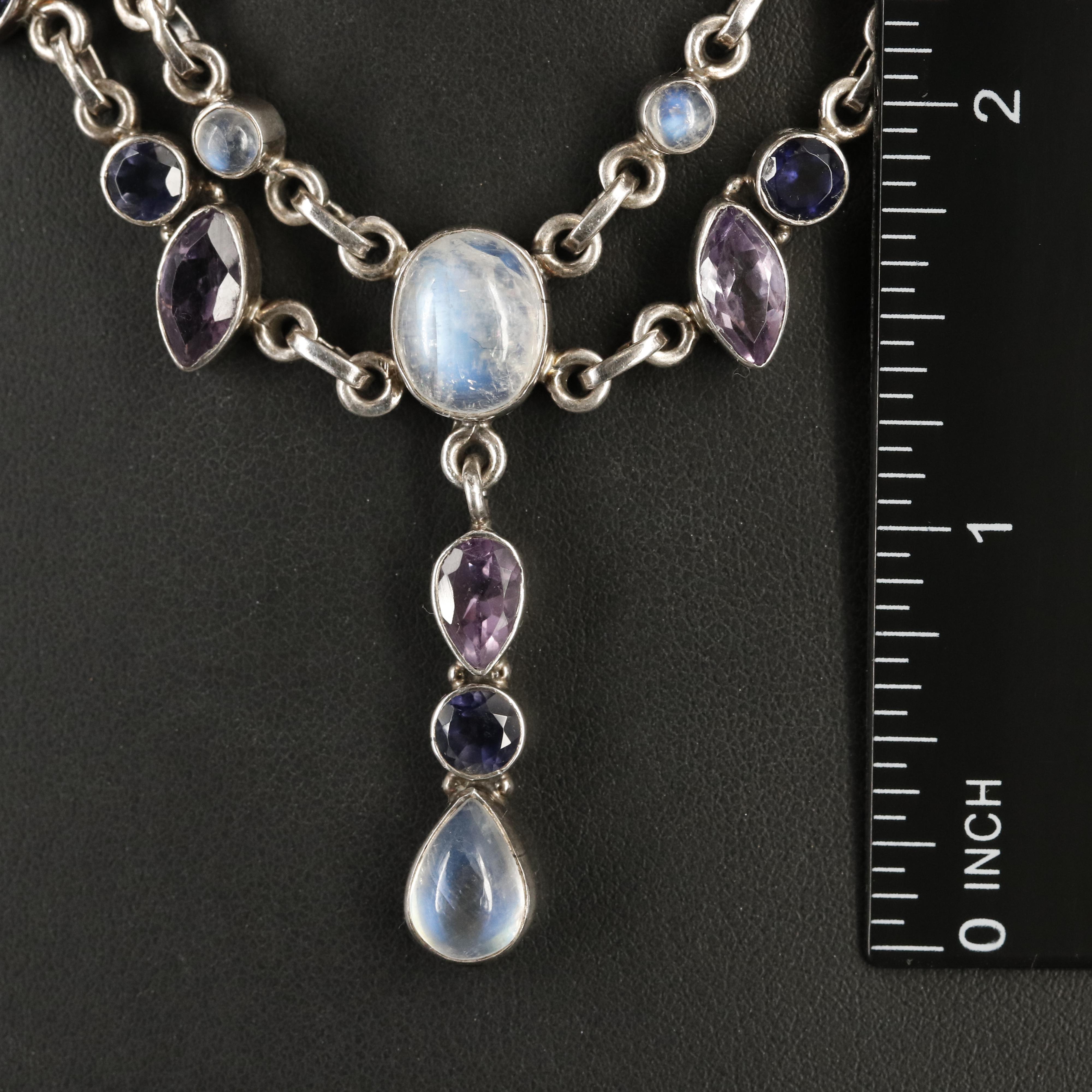 Sterling Rainbow Moonstone, Amethyst and Iolite Necklace