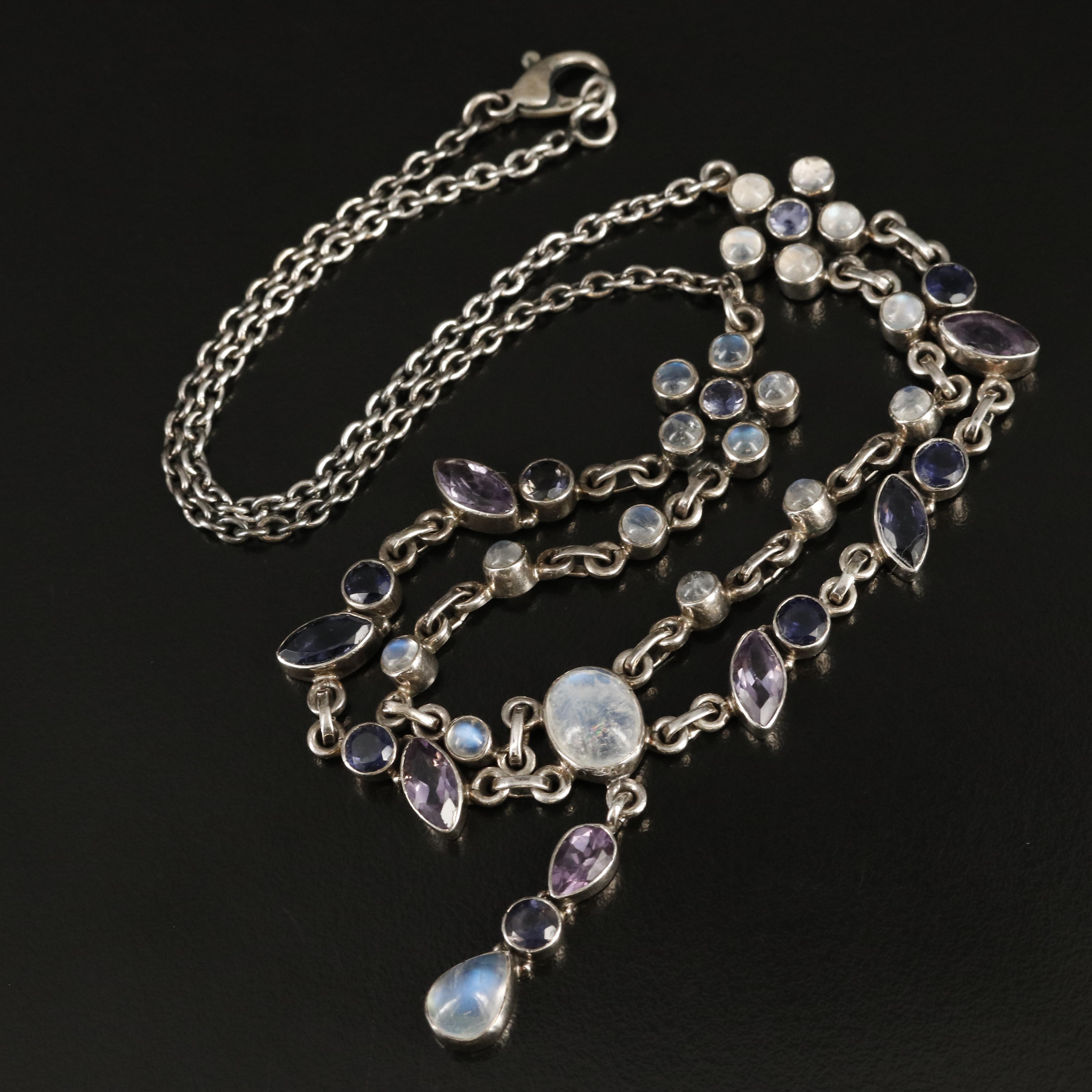 Sterling Rainbow Moonstone, Amethyst and Iolite Necklace