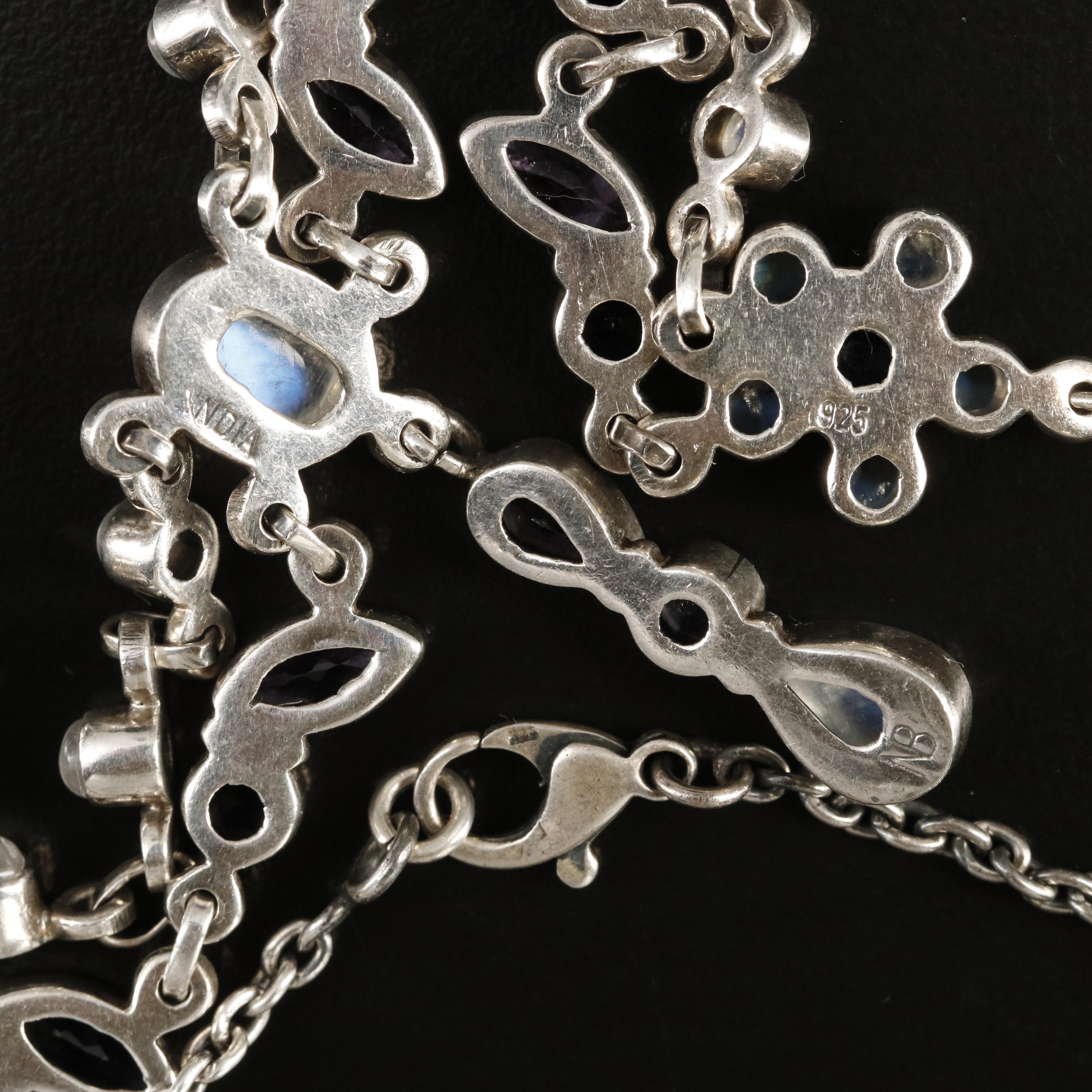 Sterling Rainbow Moonstone, Amethyst and Iolite Necklace