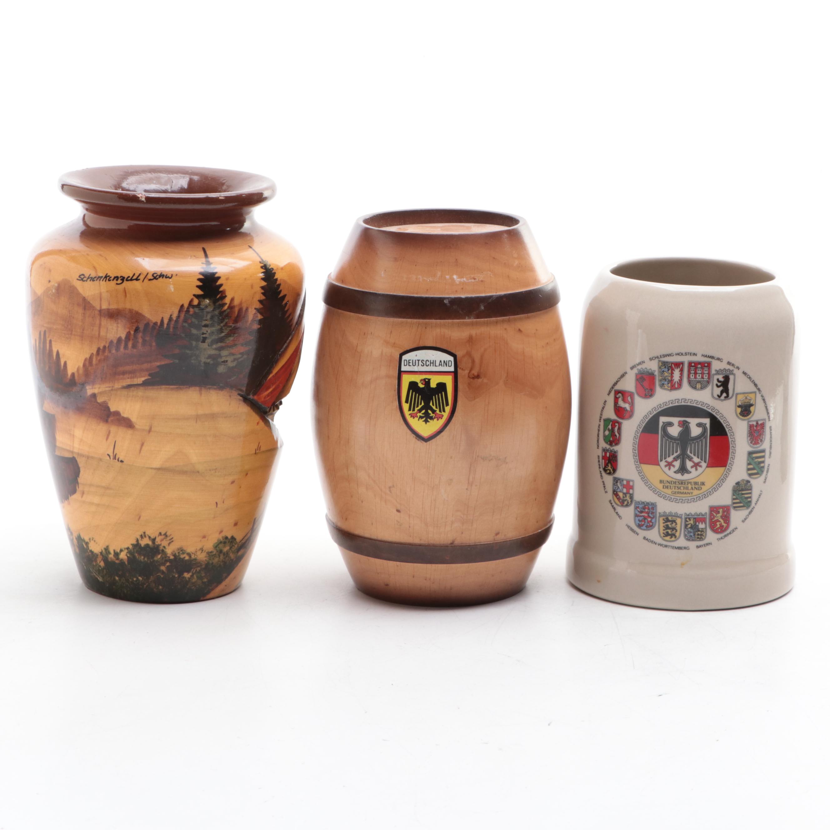 German Coin Inlaid Keg Bank, Vase, Stein and Pilsner with Nut Cracker Set