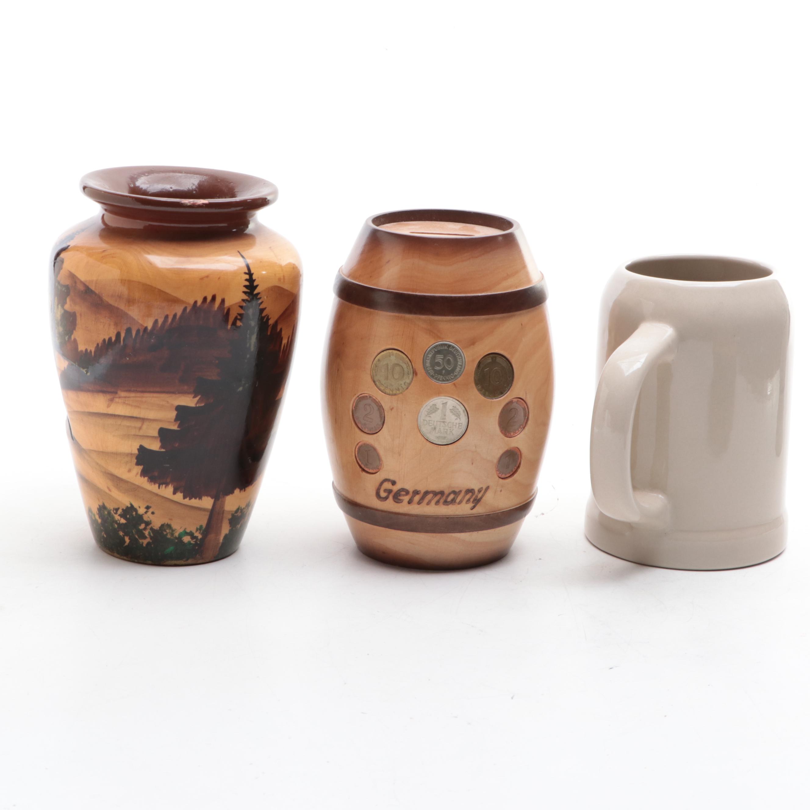 German Coin Inlaid Keg Bank, Vase, Stein and Pilsner with Nut Cracker Set