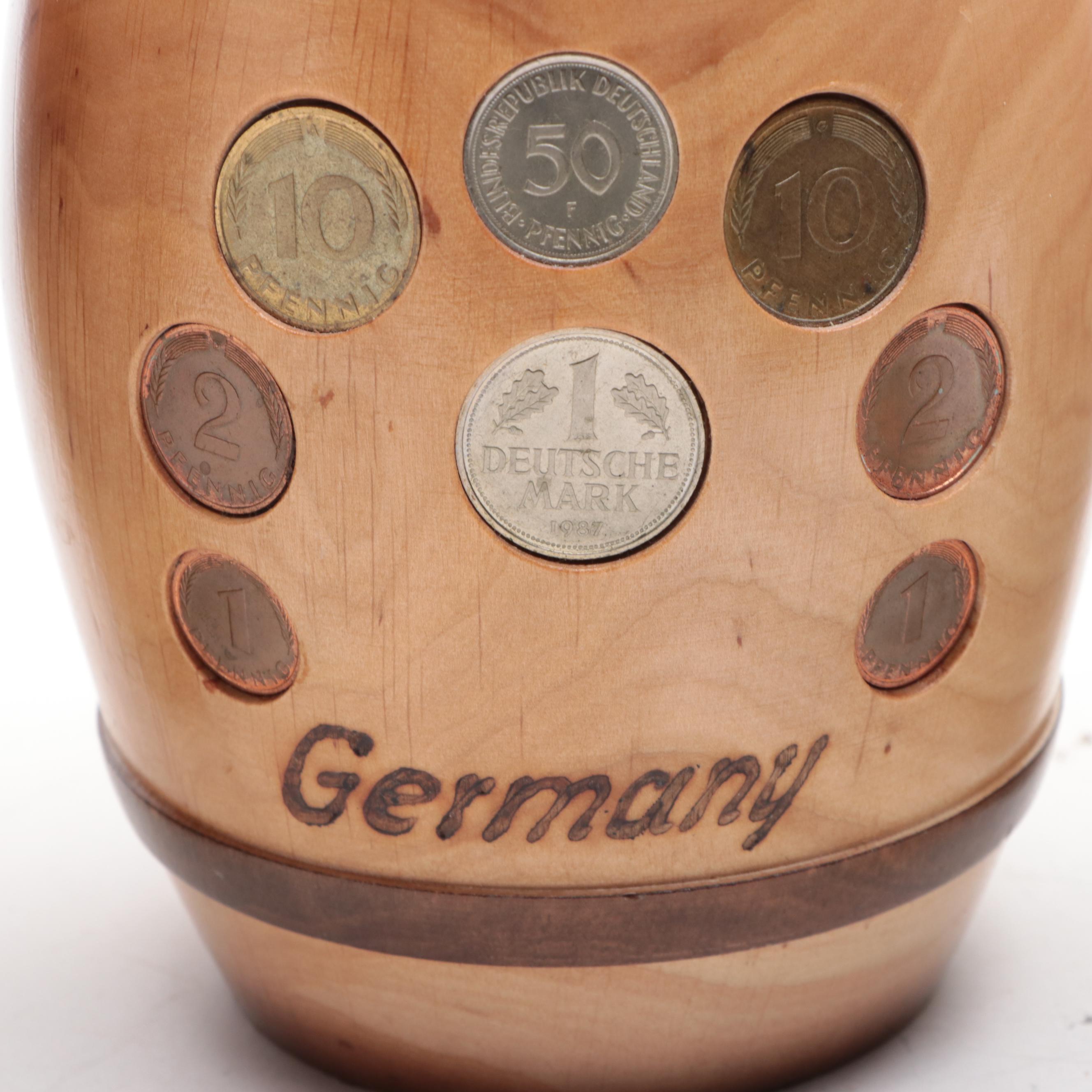 German Coin Inlaid Keg Bank, Vase, Stein and Pilsner with Nut Cracker Set