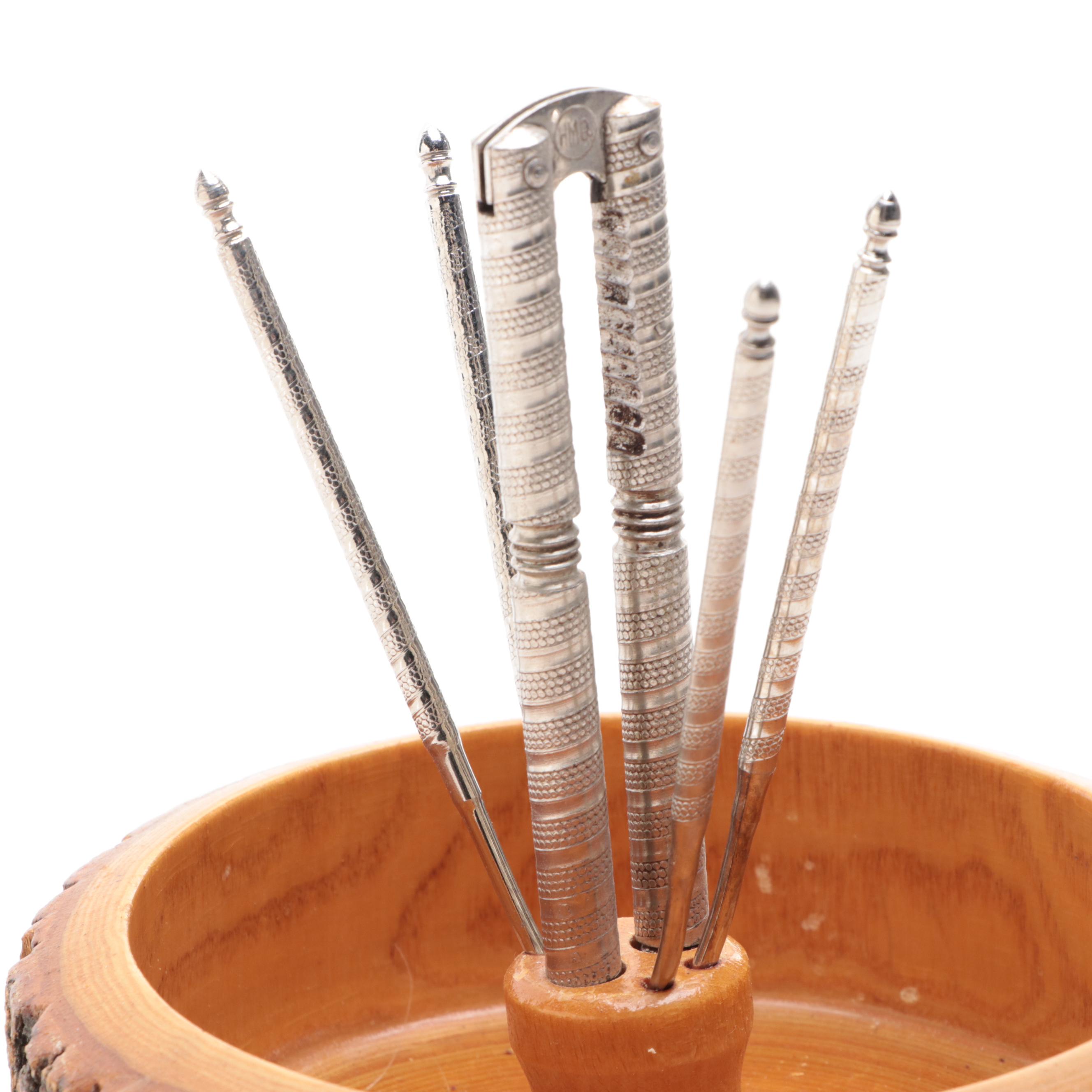 German Coin Inlaid Keg Bank, Vase, Stein and Pilsner with Nut Cracker Set