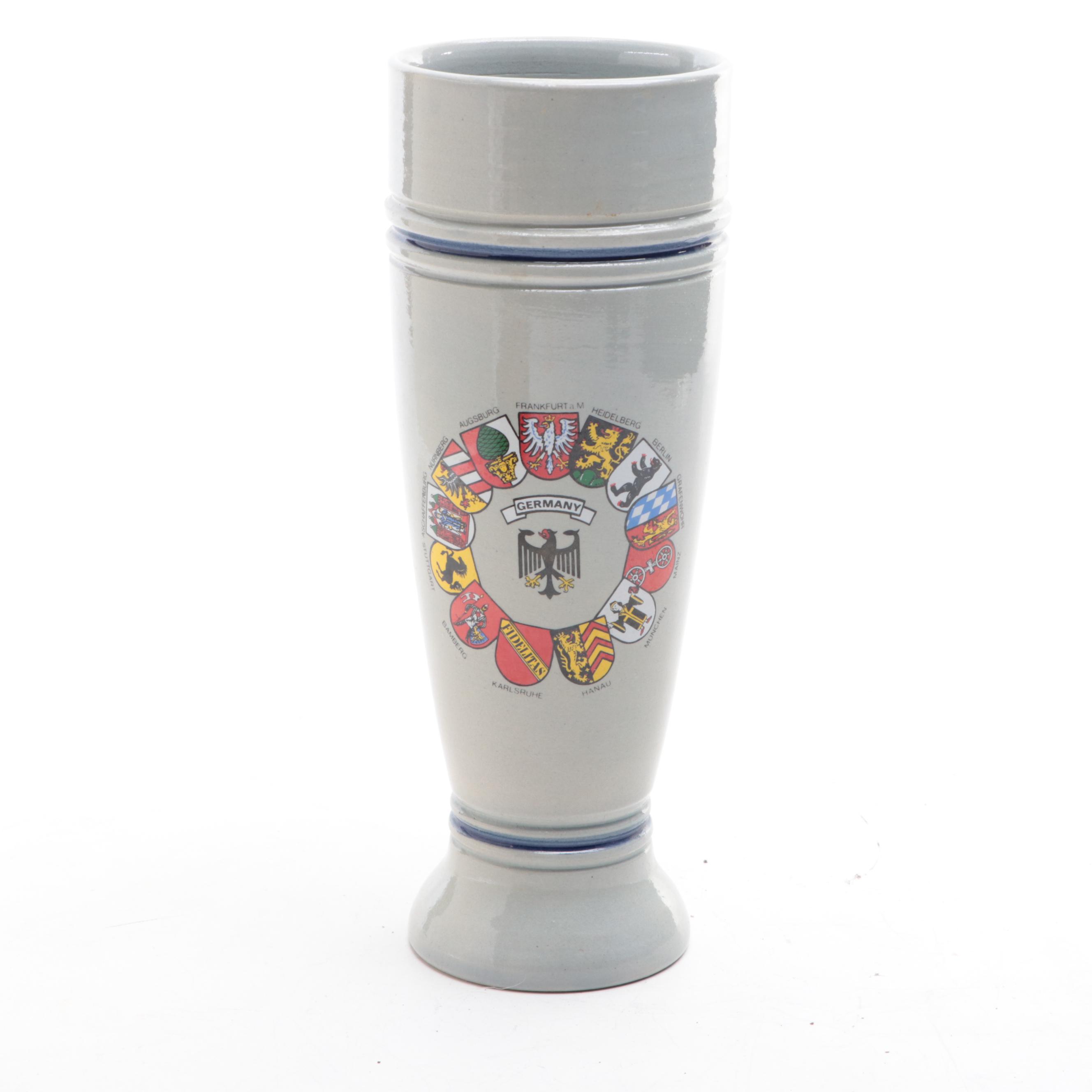 German Coin Inlaid Keg Bank, Vase, Stein and Pilsner with Nut Cracker Set