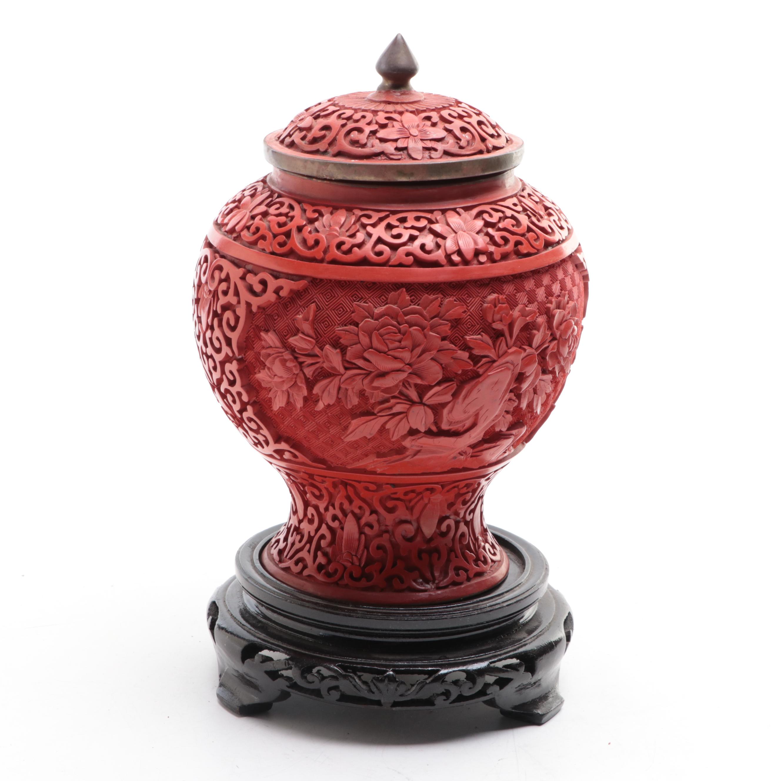 Hand-Carved Chinese Tray and Faux Cinnabar Resin Vase