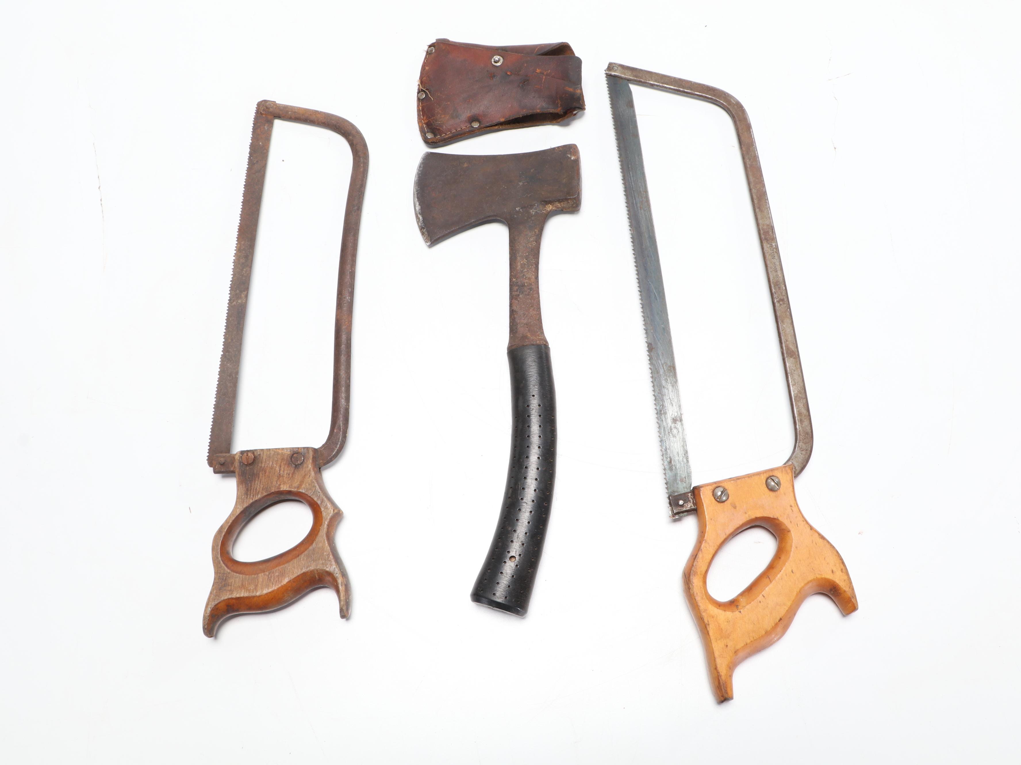 Wooden Spirit Levels With Frame Saws, Plumb Bob, Hatchet and Mallet