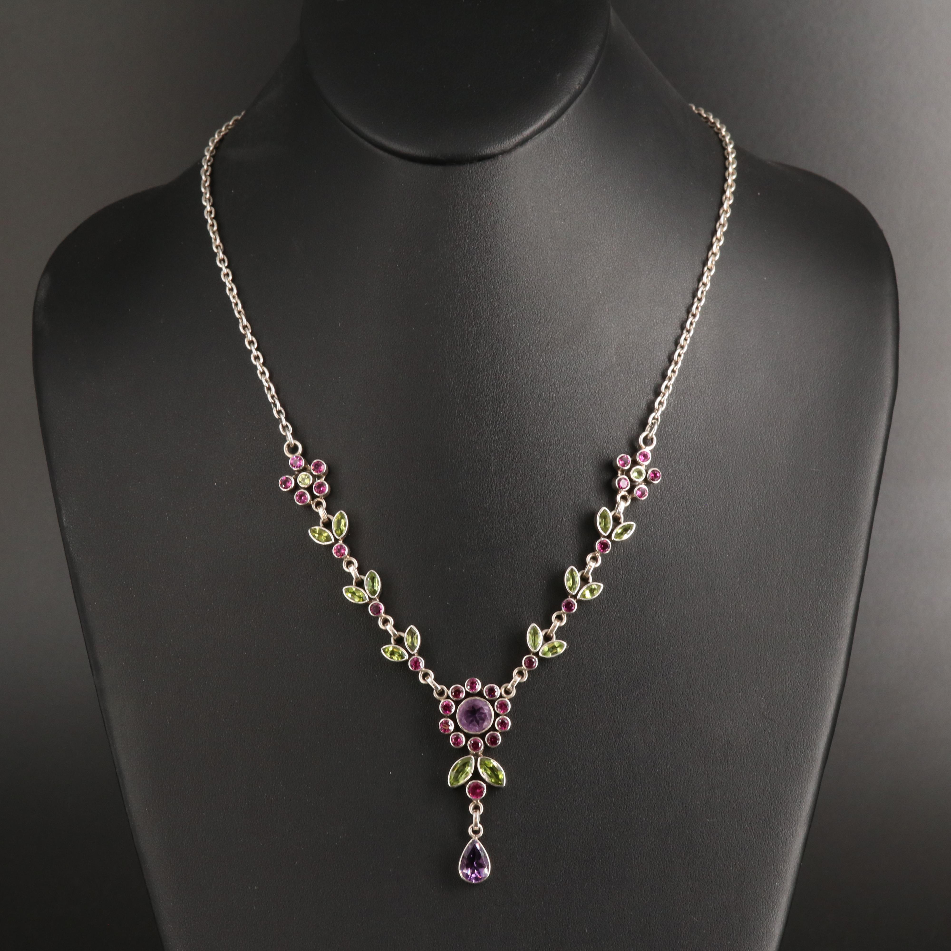 Sterling Amethyst, Peridot and Garnet Floral Necklace