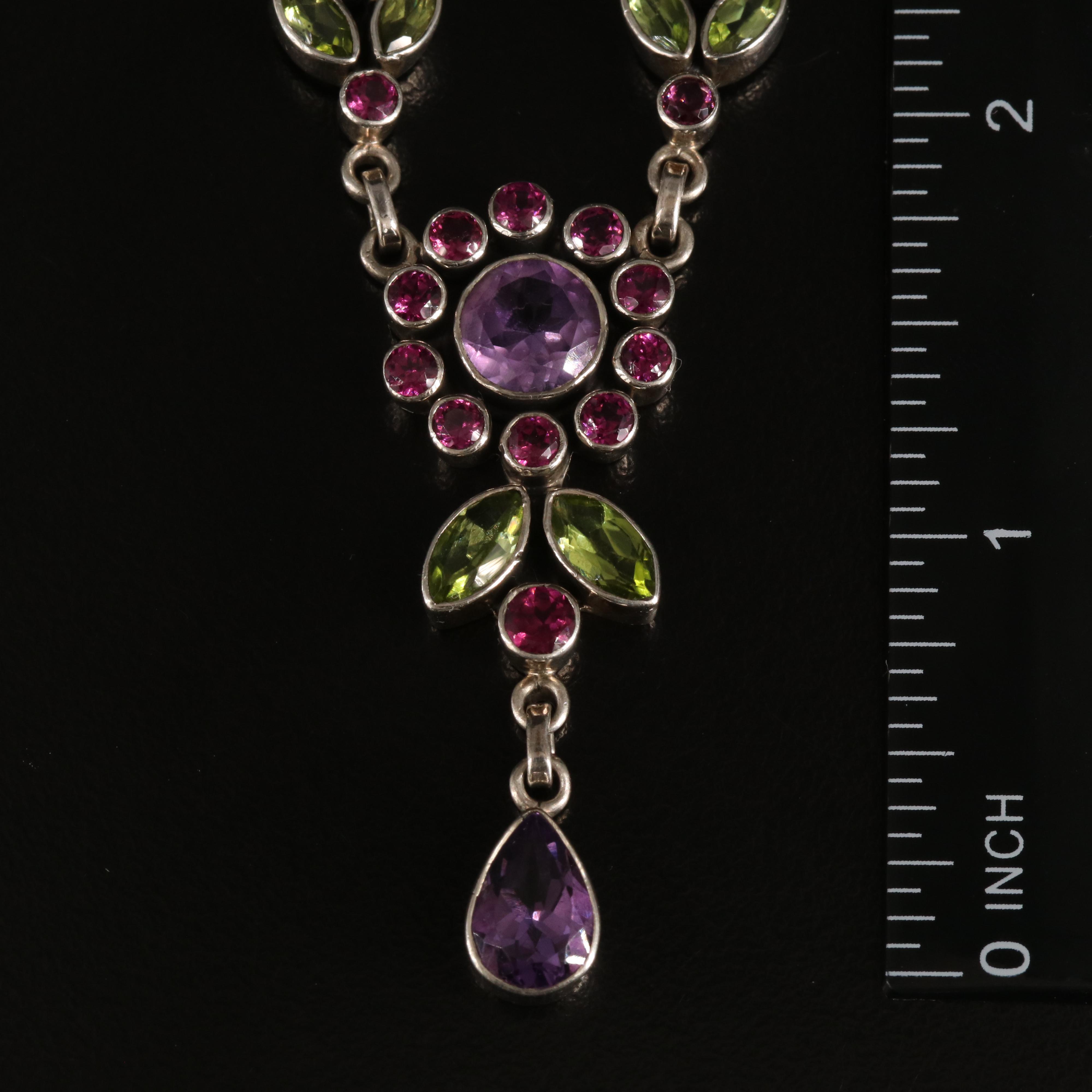 Sterling Amethyst, Peridot and Garnet Floral Necklace