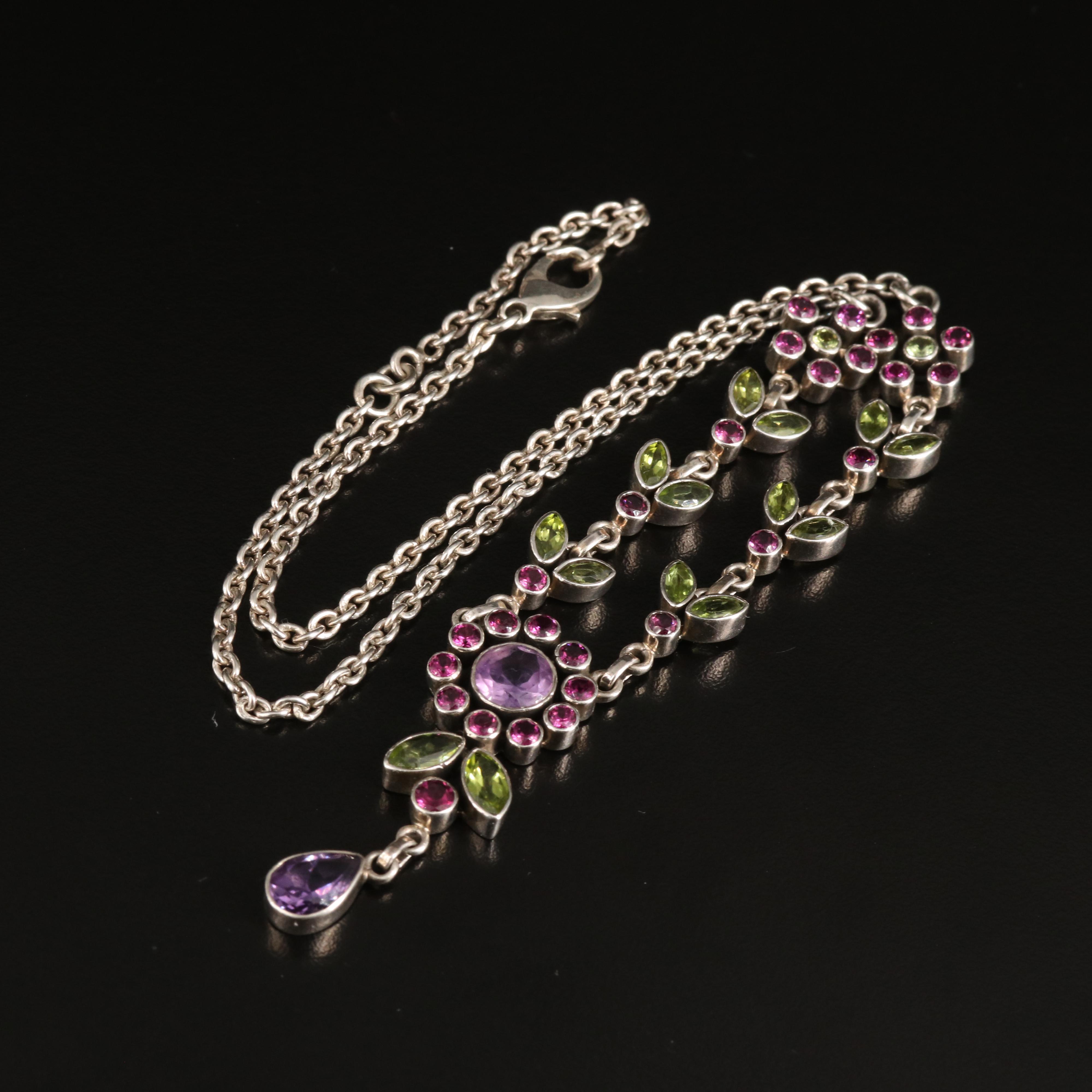 Sterling Amethyst, Peridot and Garnet Floral Necklace