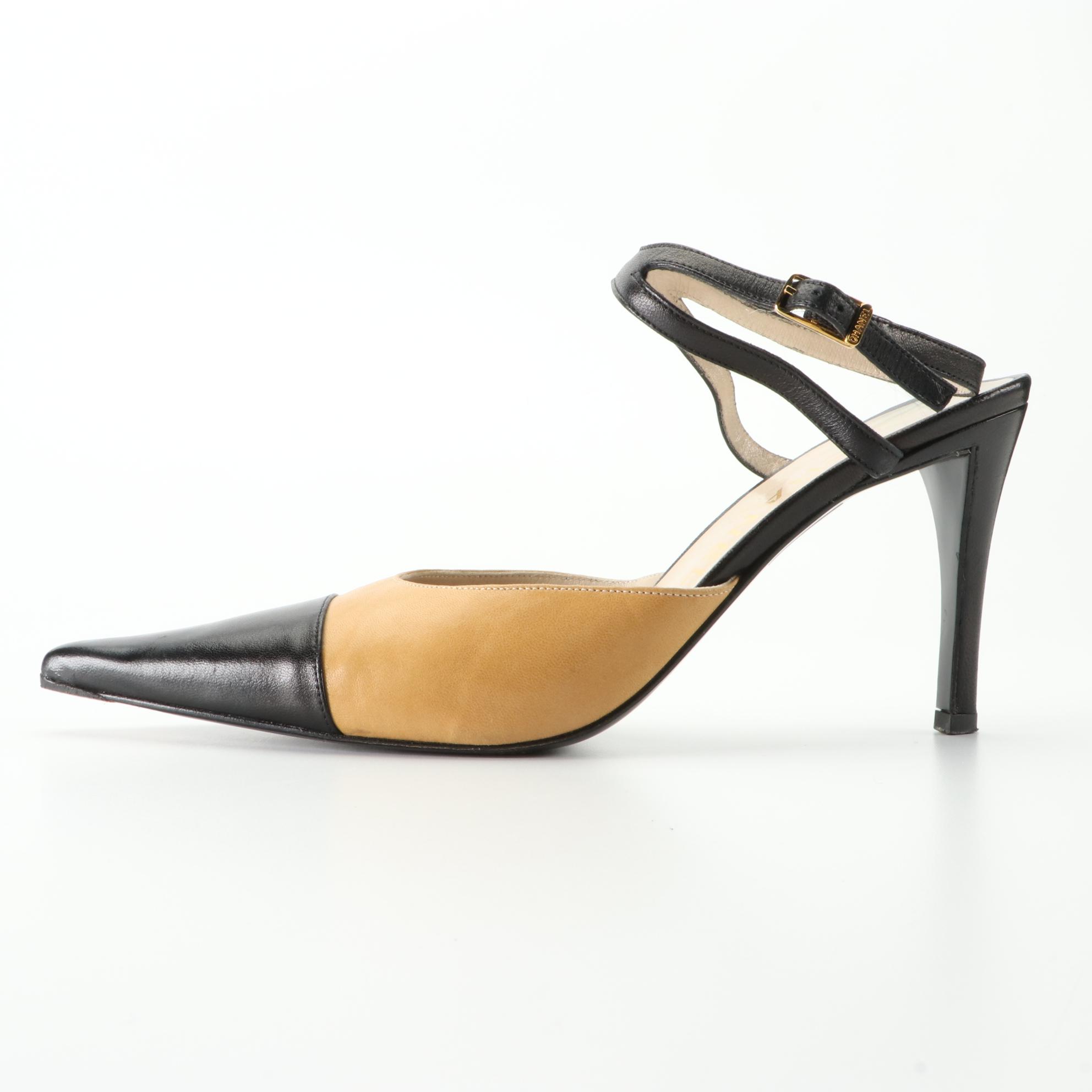 Chanel Pointy Cap-Toe Ankle-Strap Heels in Bicolor Leather