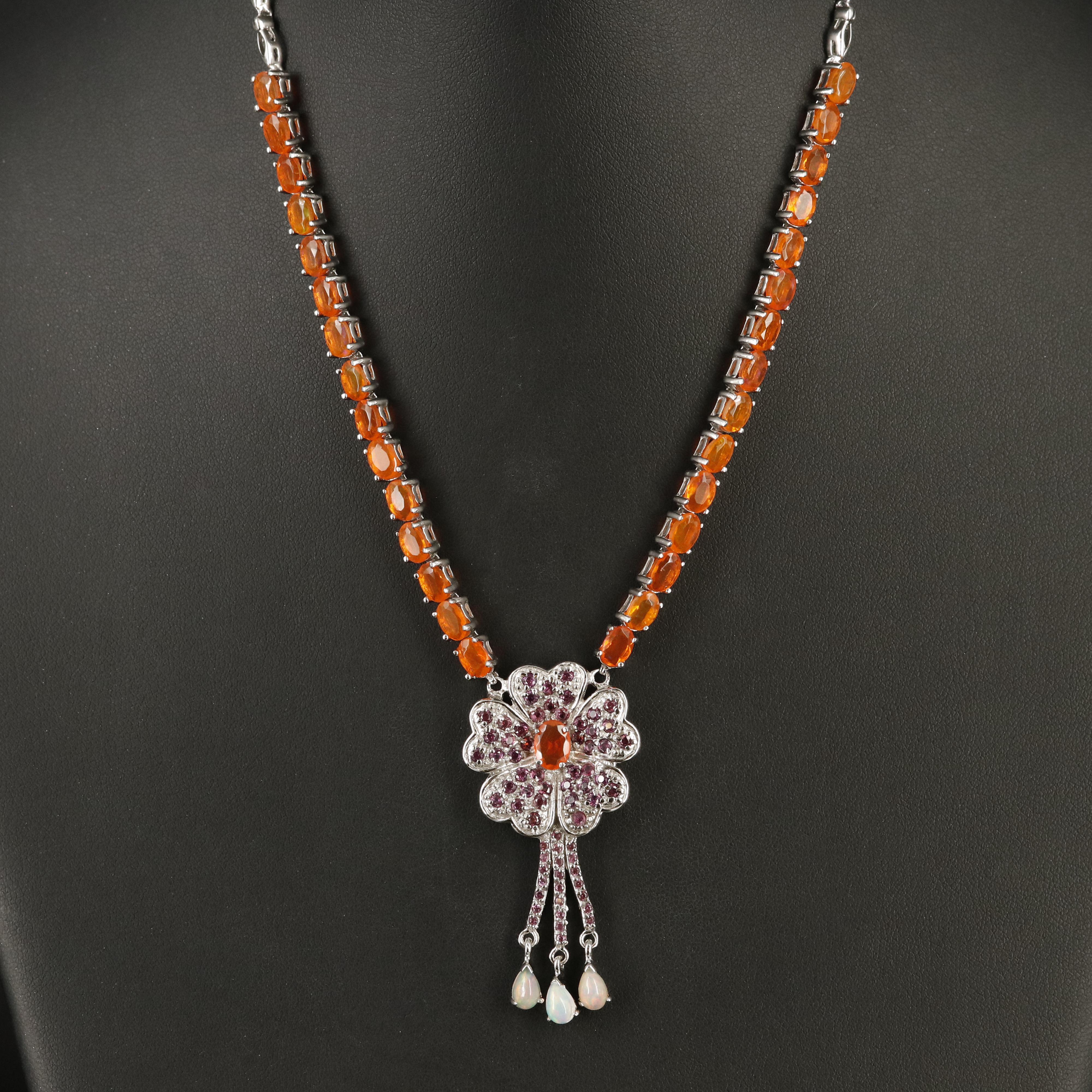Sterling Fire Opal, Opal and Garnet Flower Necklace