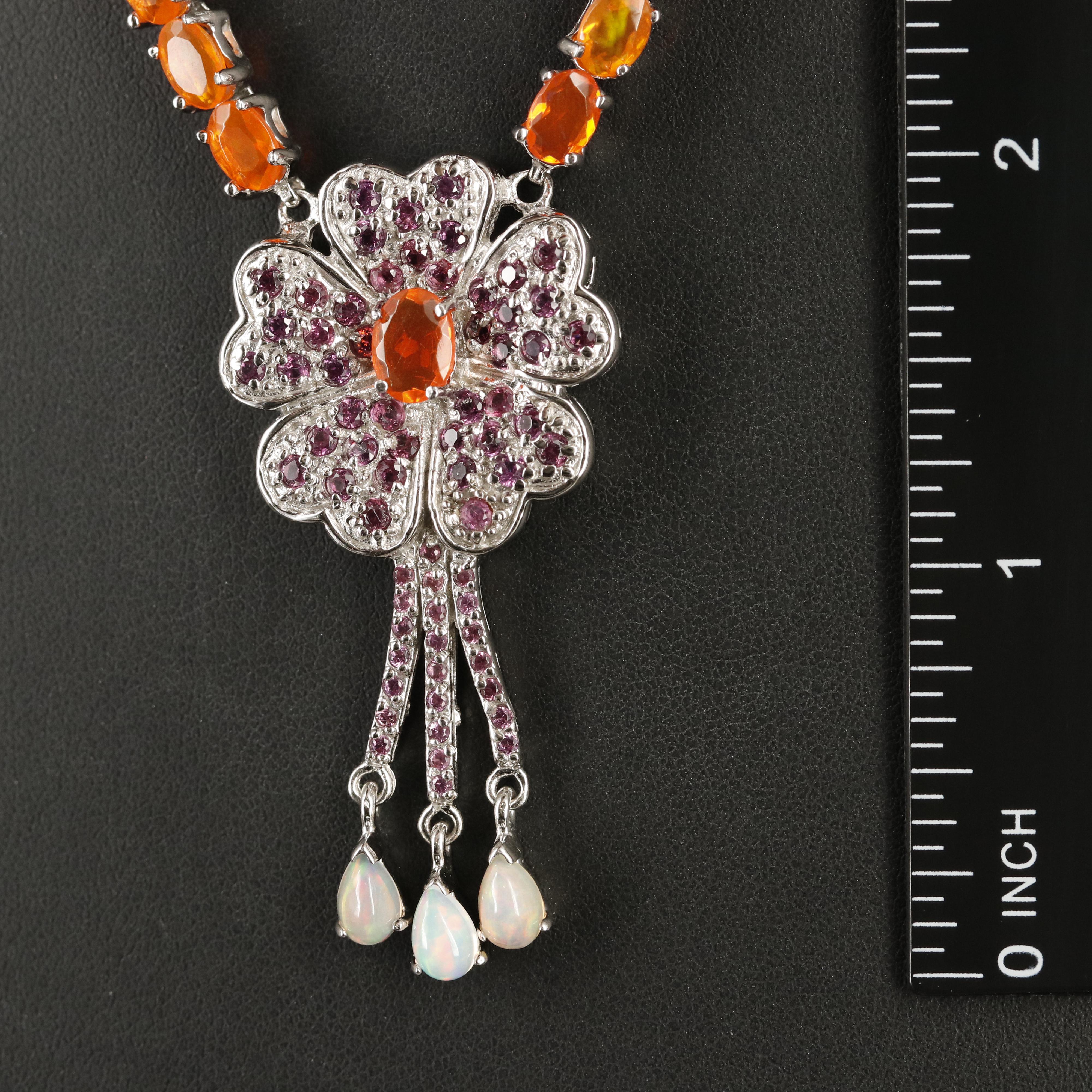Sterling Fire Opal, Opal and Garnet Flower Necklace
