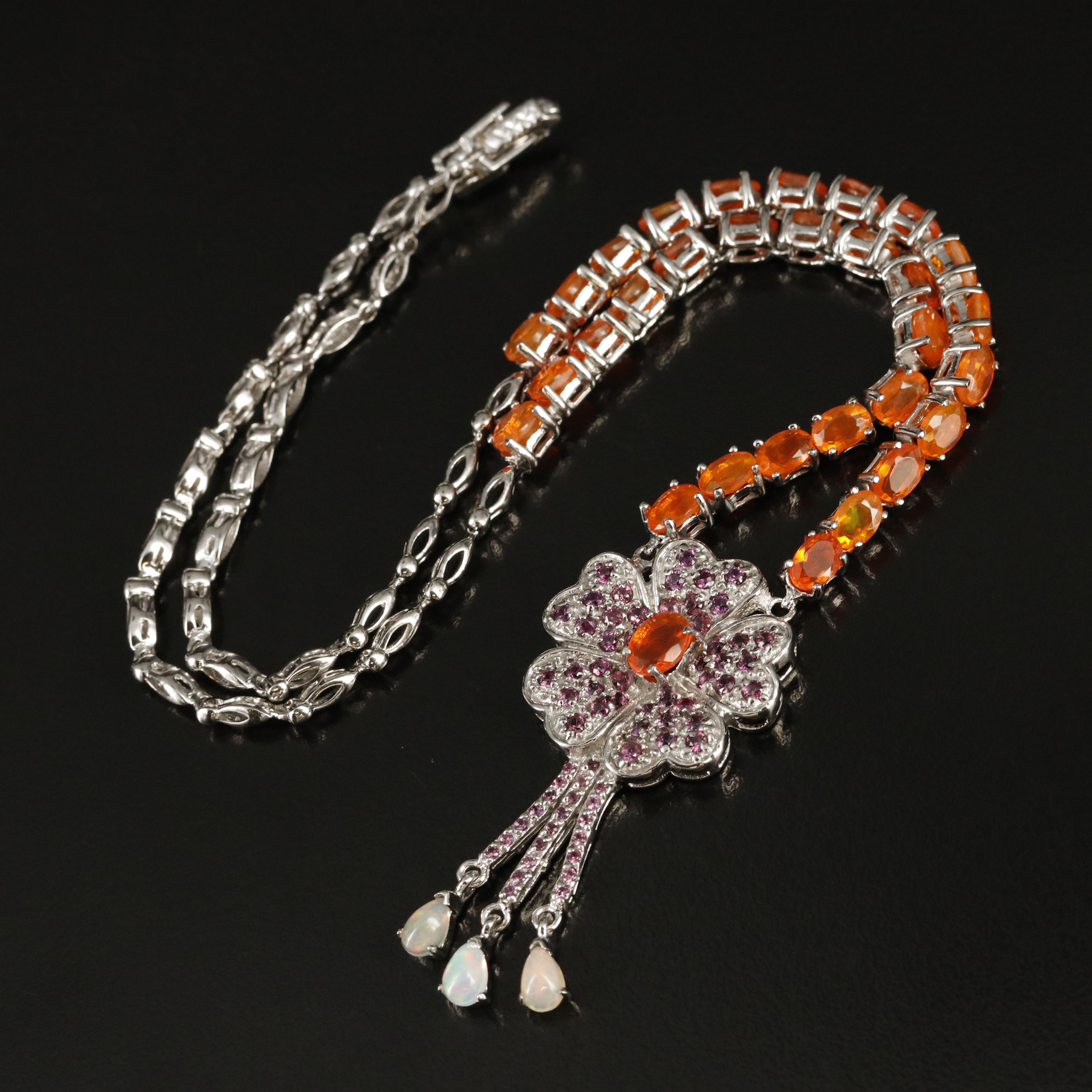 Sterling Fire Opal, Opal and Garnet Flower Necklace