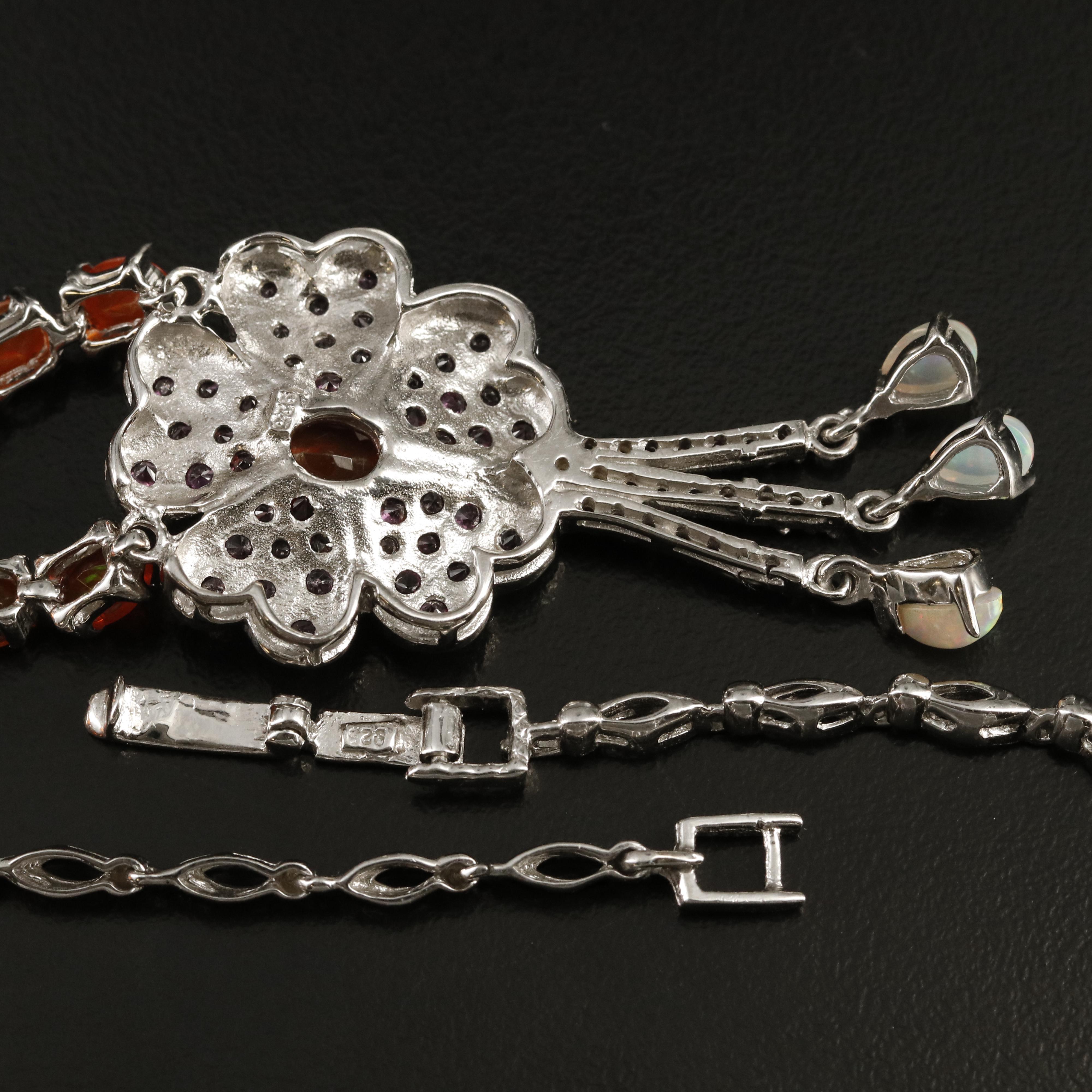 Sterling Fire Opal, Opal and Garnet Flower Necklace