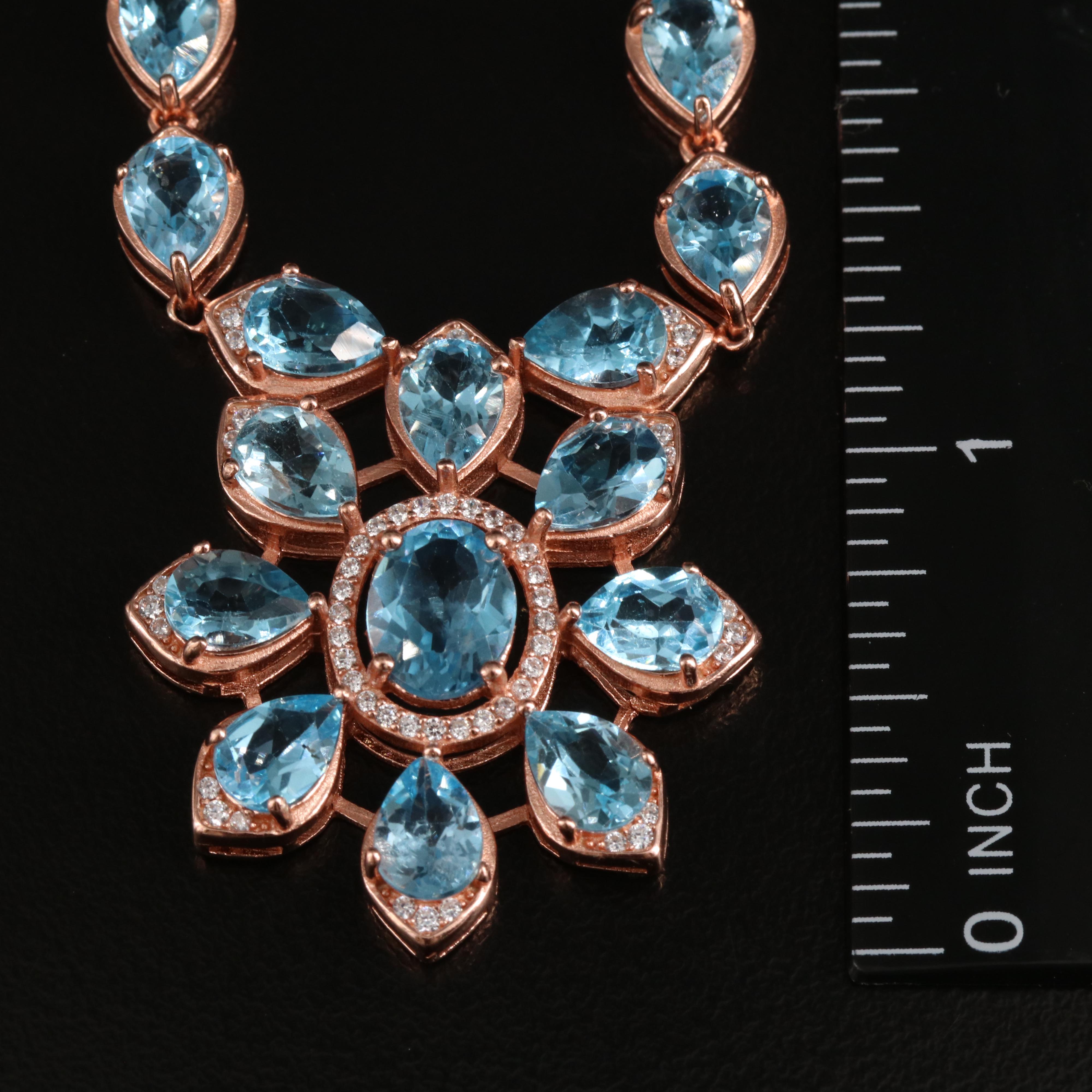 Sterling Swiss Blue Topaz and Cubic Zirconia Floral Necklace