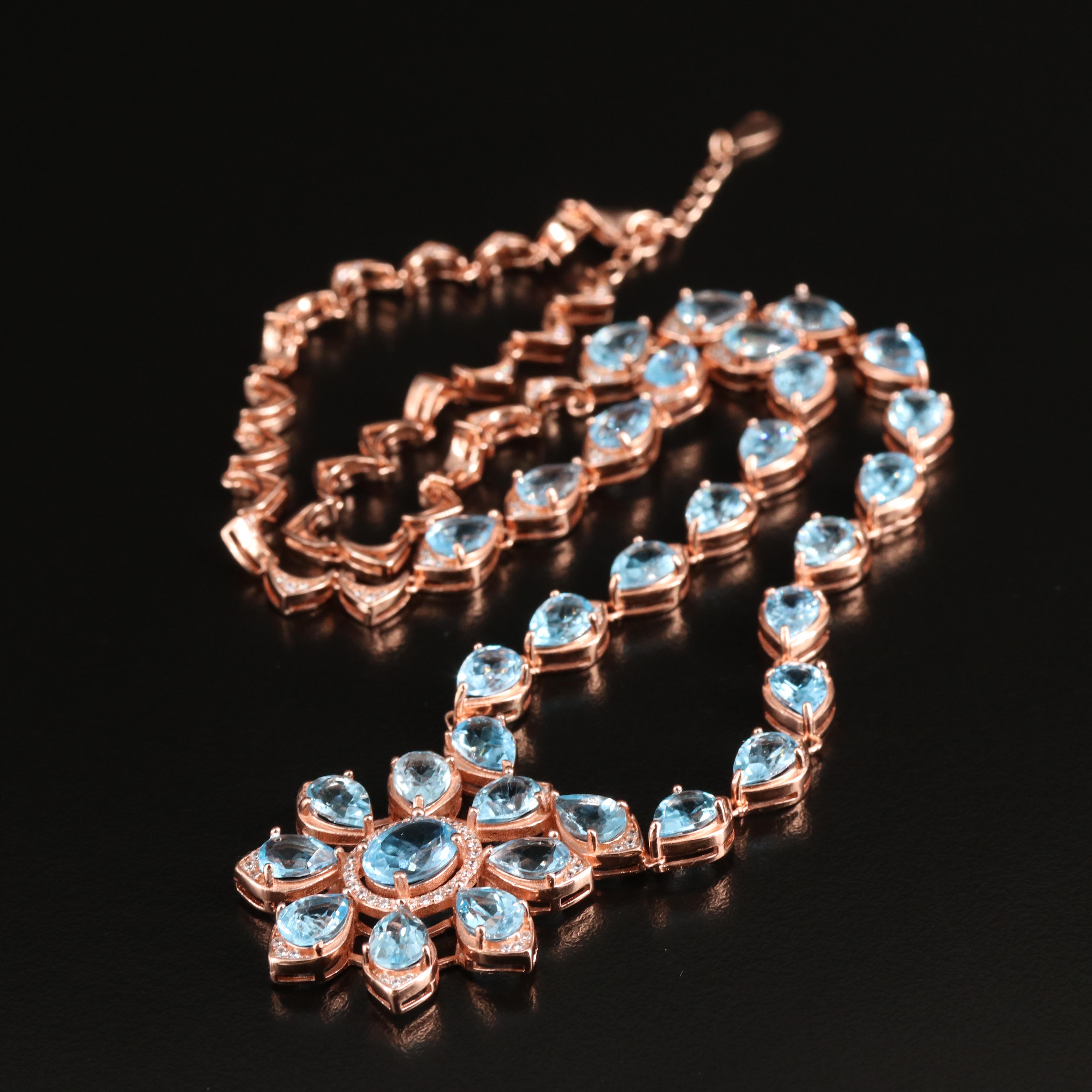 Sterling Swiss Blue Topaz and Cubic Zirconia Floral Necklace