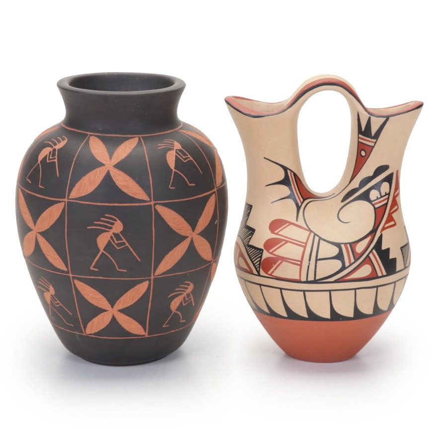 Artist Signed Acoma and Jemez Pueblo Polychrome Pottery Vases