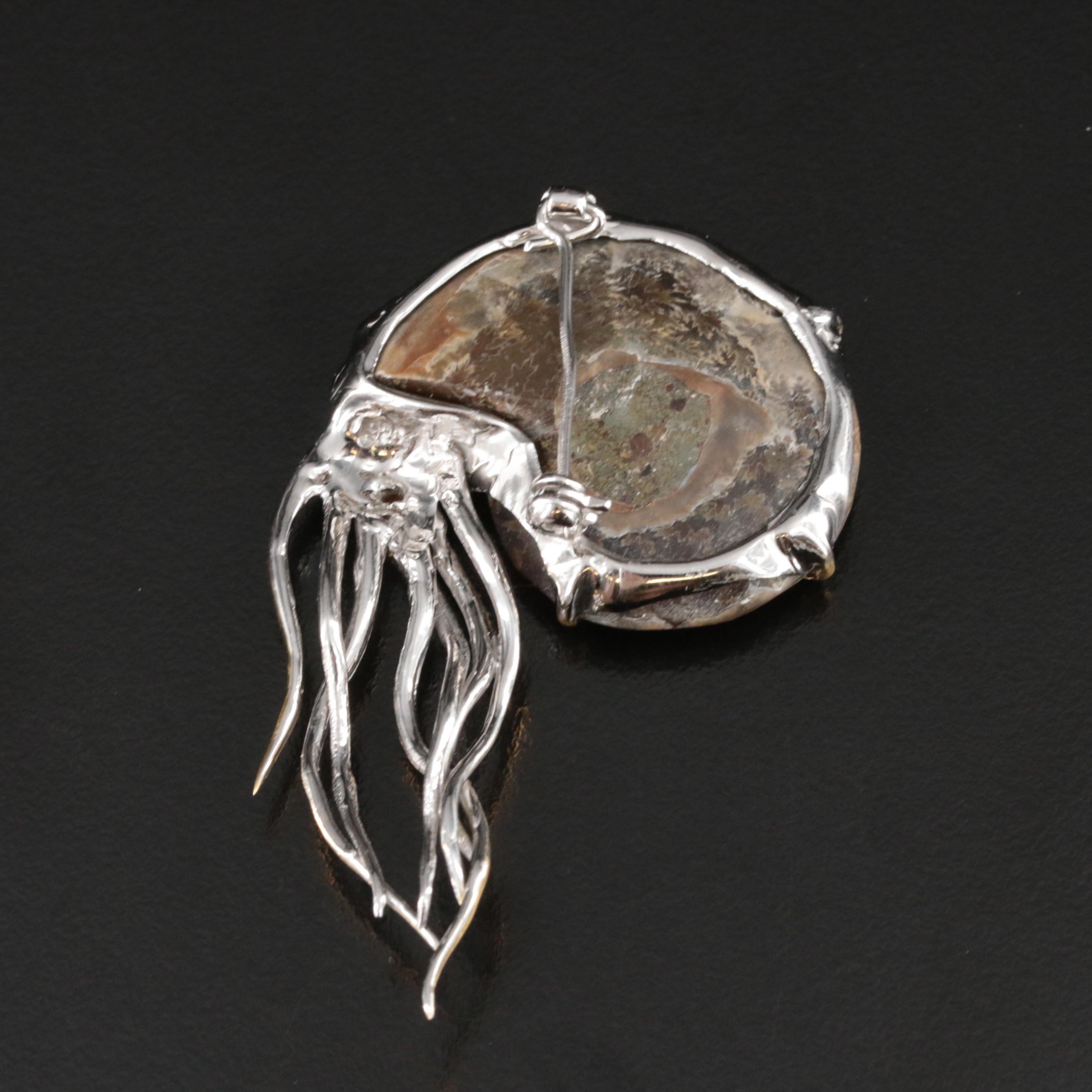 Sterling Ammonite and Citrine Nautilus Brooch