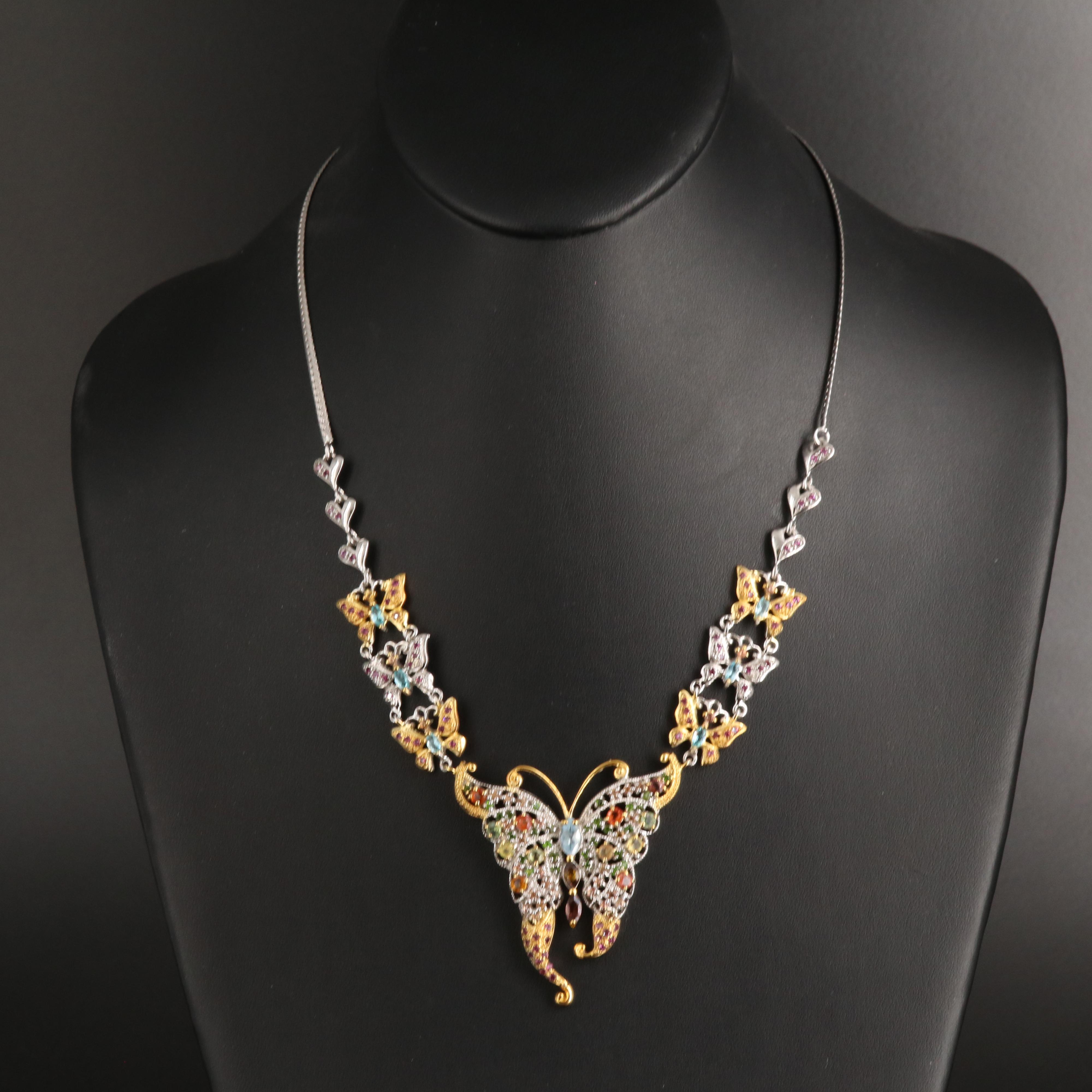 Sterling Tourmaline and Gemstone Butterfly Necklace