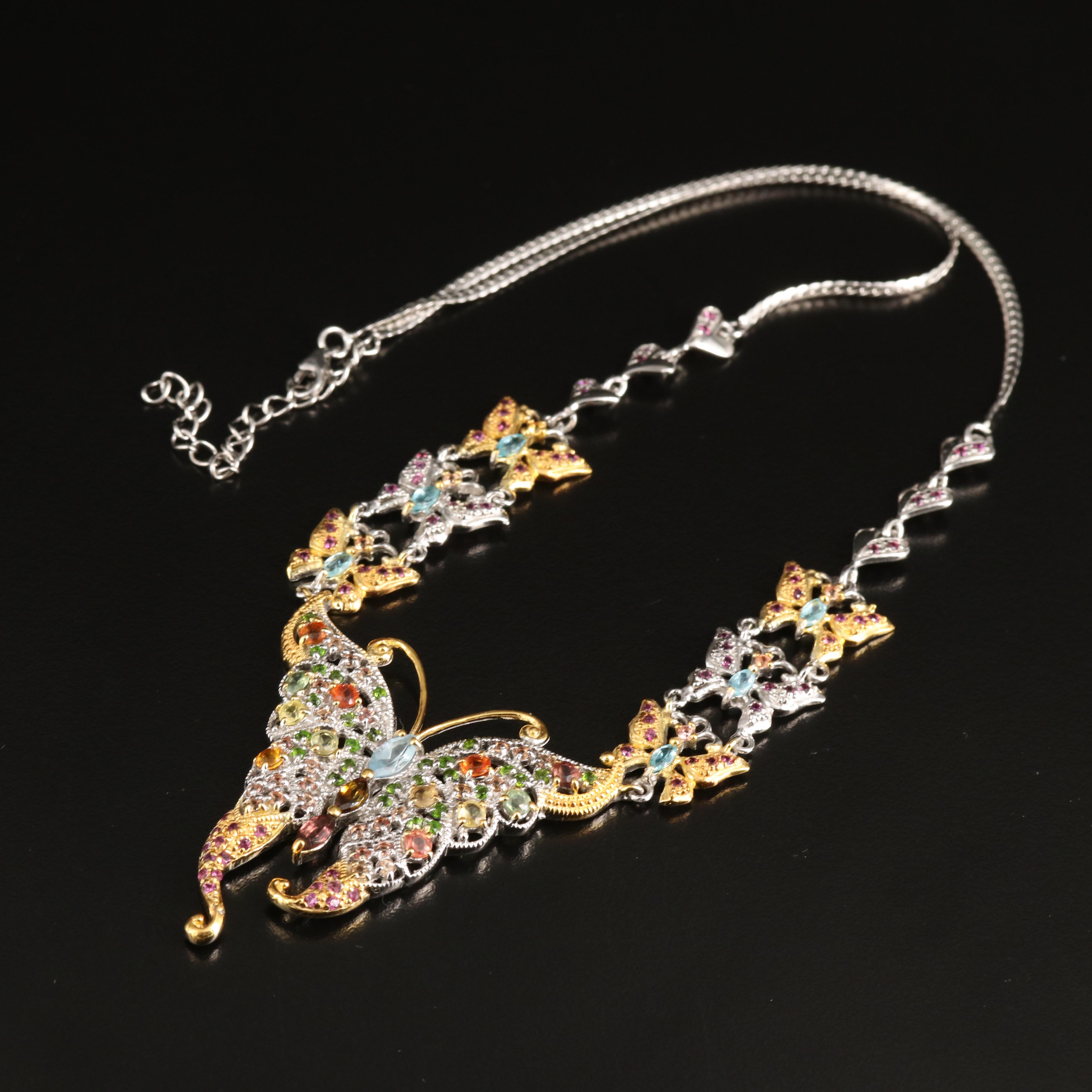 Sterling Tourmaline and Gemstone Butterfly Necklace