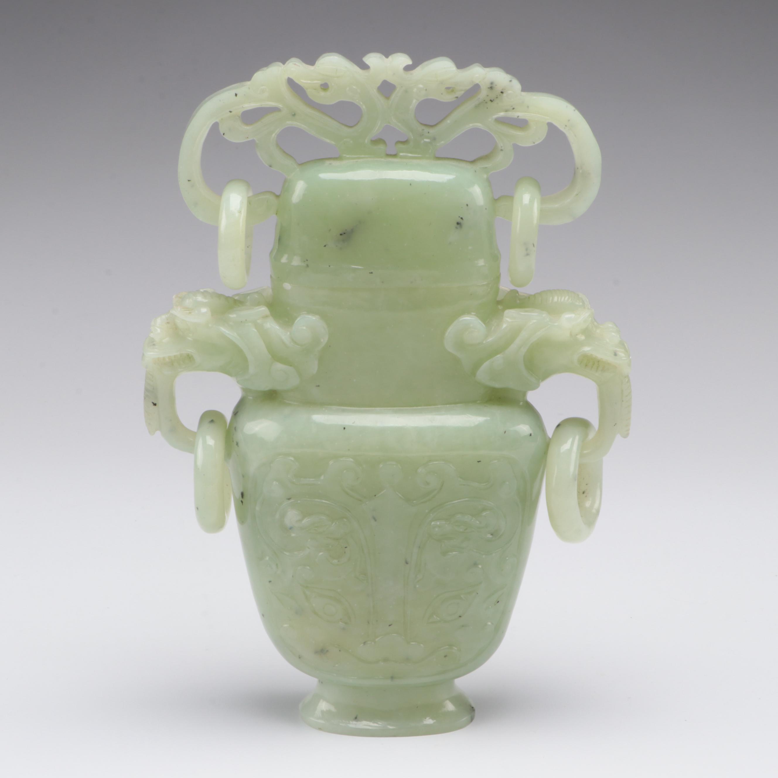 Chinese Carved Serpentine Censer with Dragon and Ring Handles