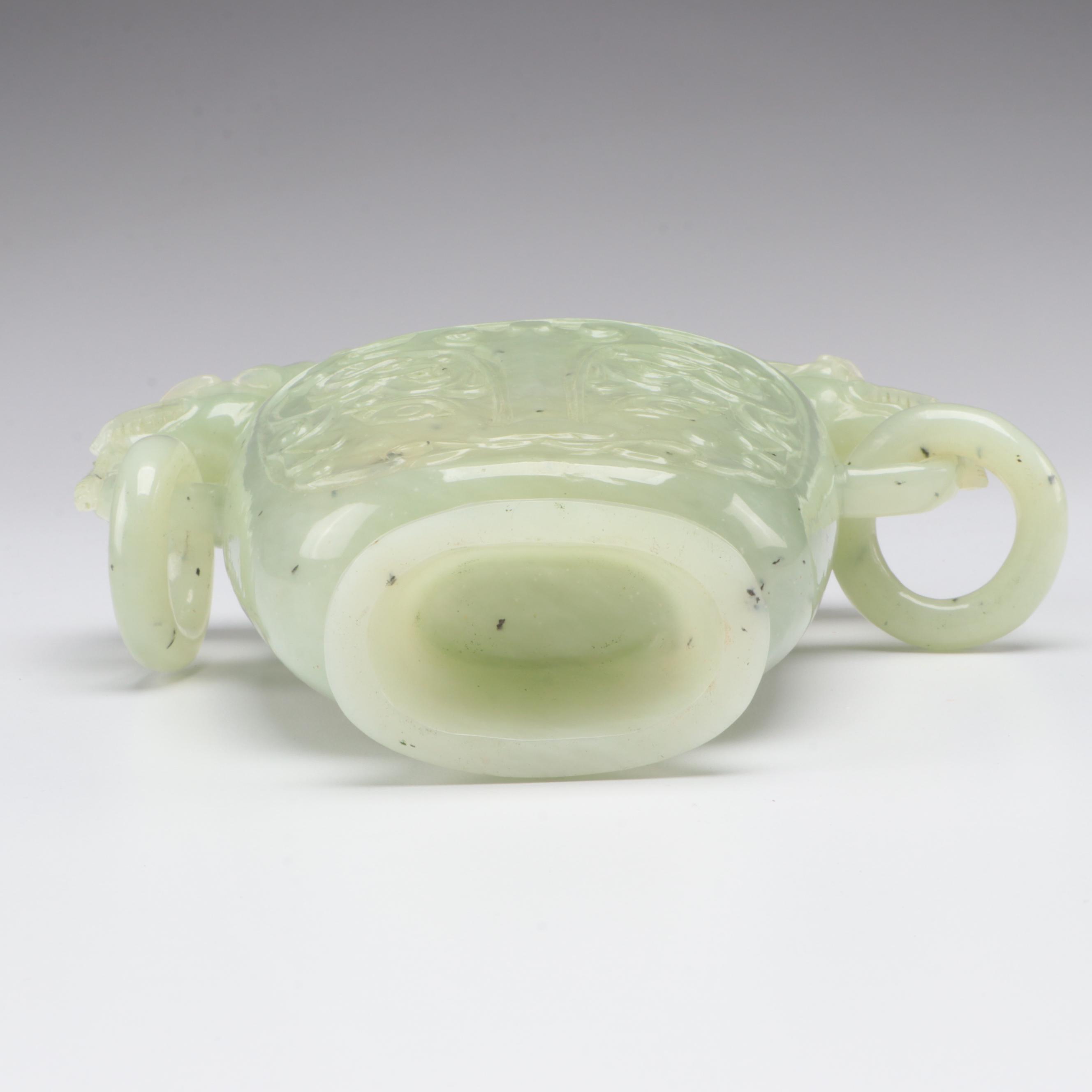 Chinese Carved Serpentine Censer with Dragon and Ring Handles