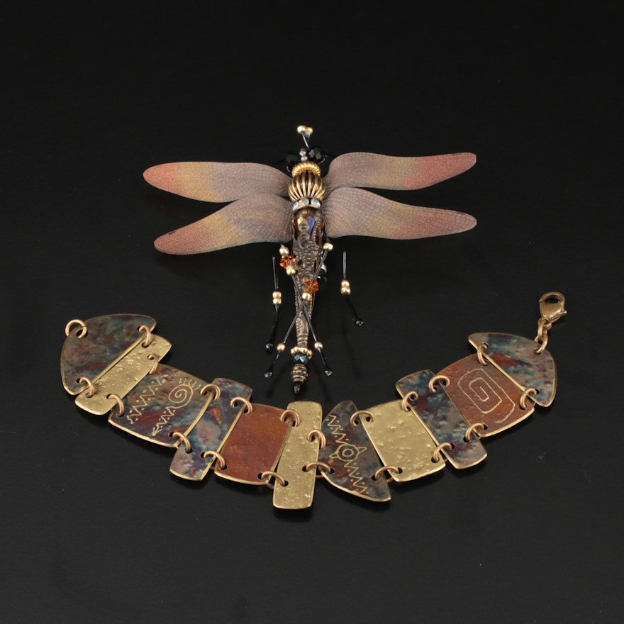 Dragonfly Brooch and Studio Style Panel Bracelet Including Rhinestone and Glass