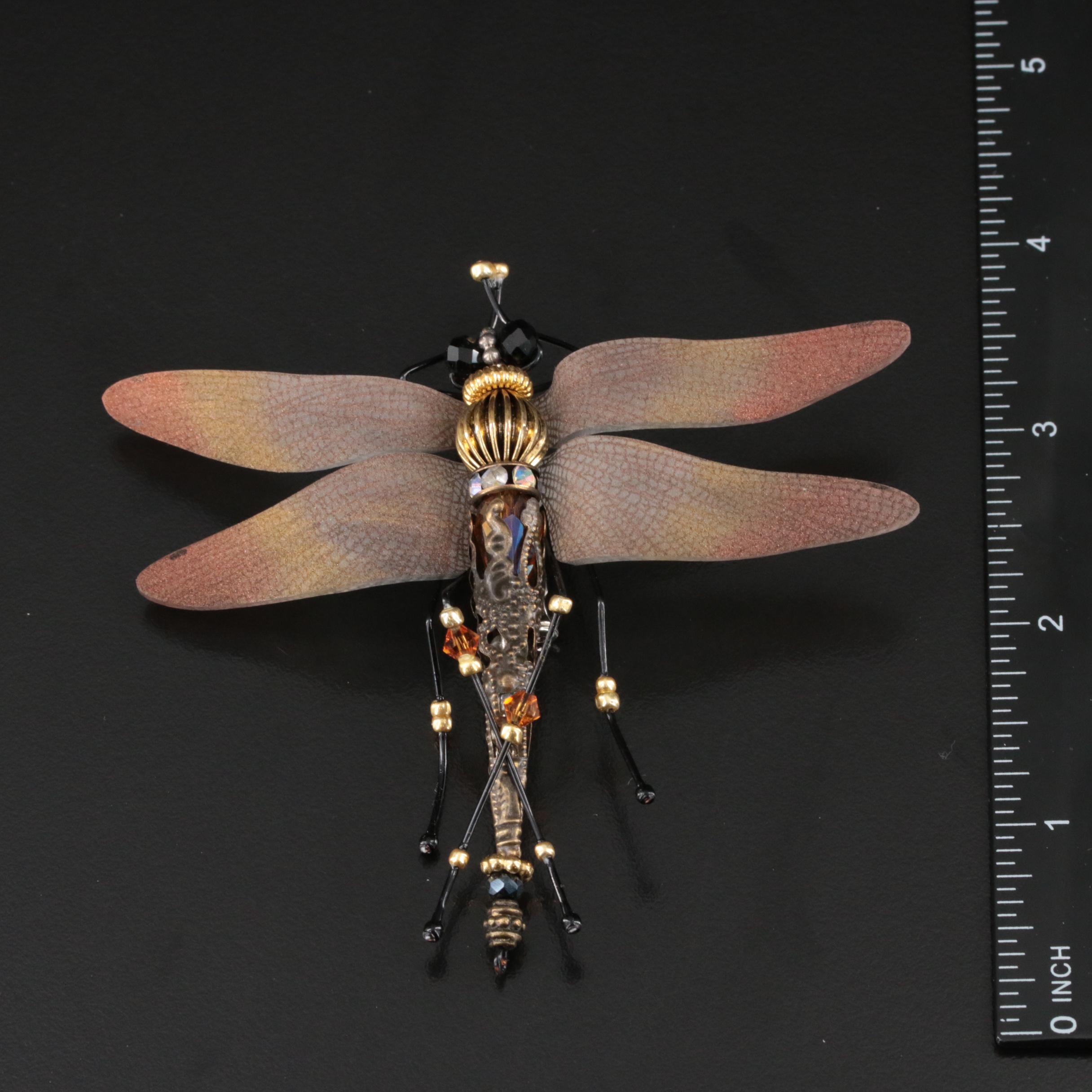 Dragonfly Brooch and Studio Style Panel Bracelet Including Rhinestone and Glass