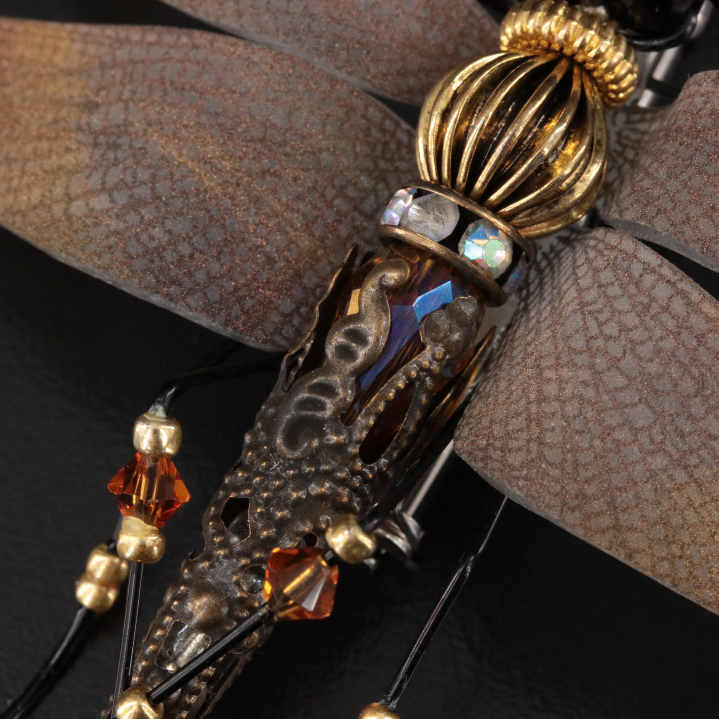 Dragonfly Brooch and Studio Style Panel Bracelet Including Rhinestone and Glass
