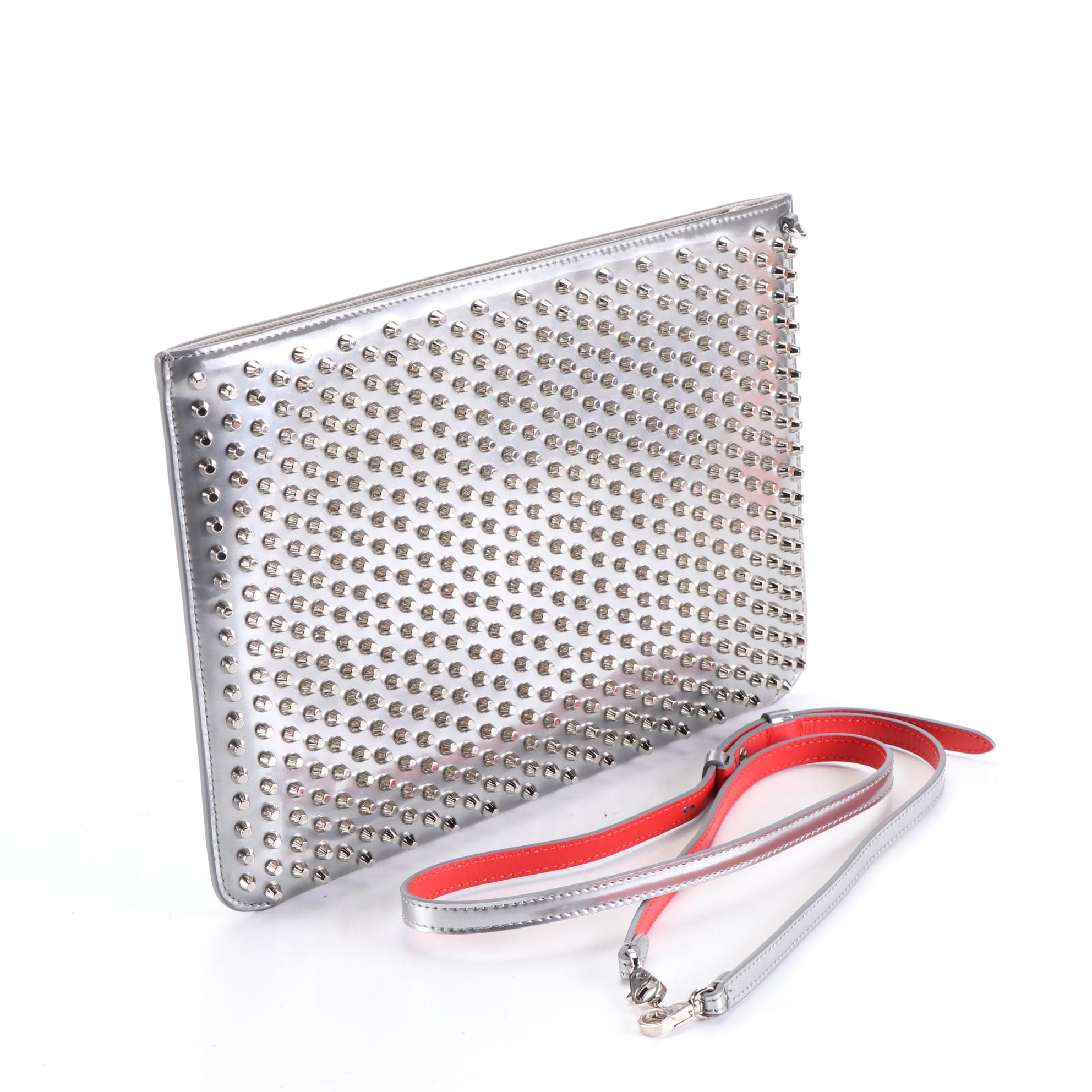 Christian Louboutin Studded Metallic Patent Leather Clutch with Detachable Strap