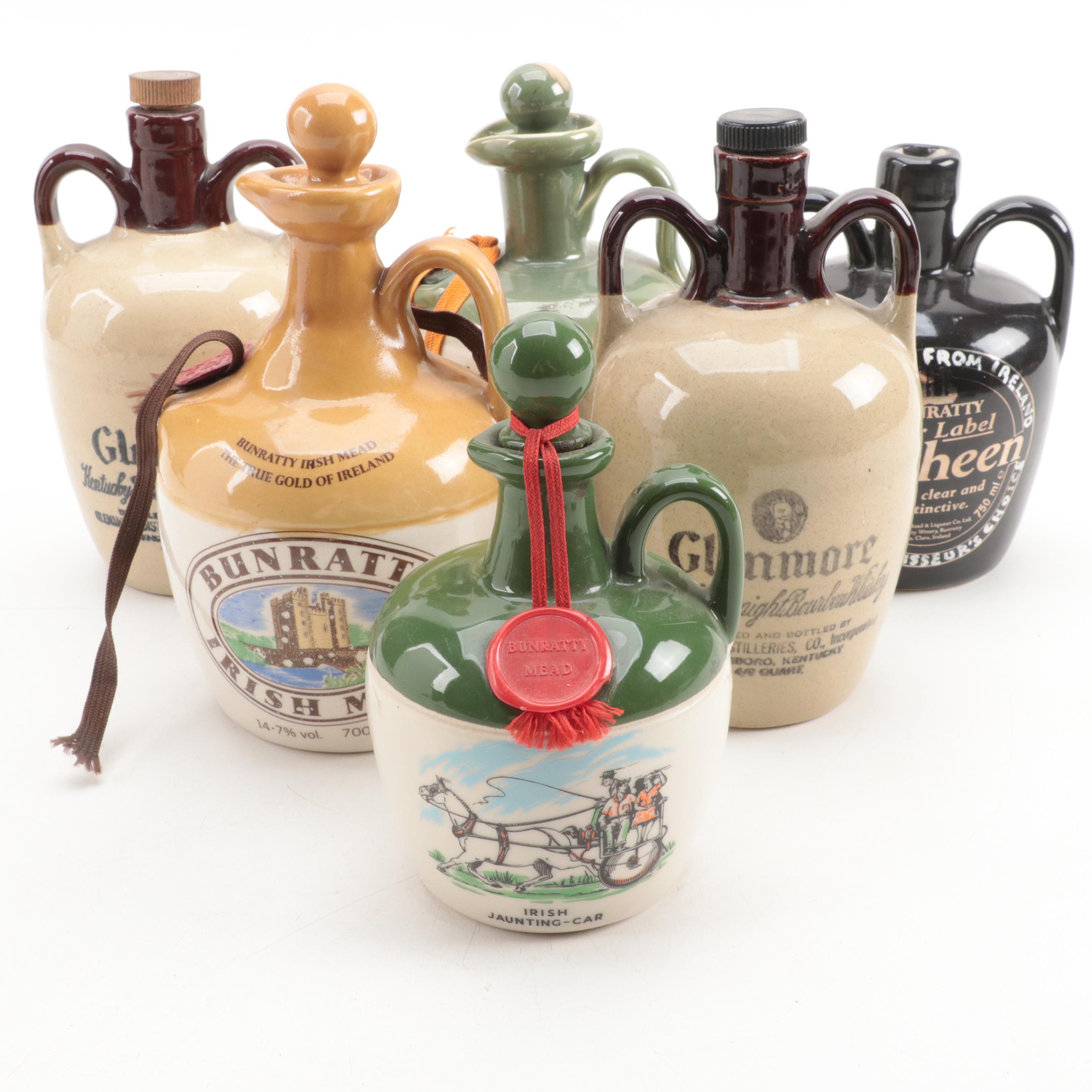 Bunratty Mead, Glenmore and Tullamore Ceramic Whiskey Jugs